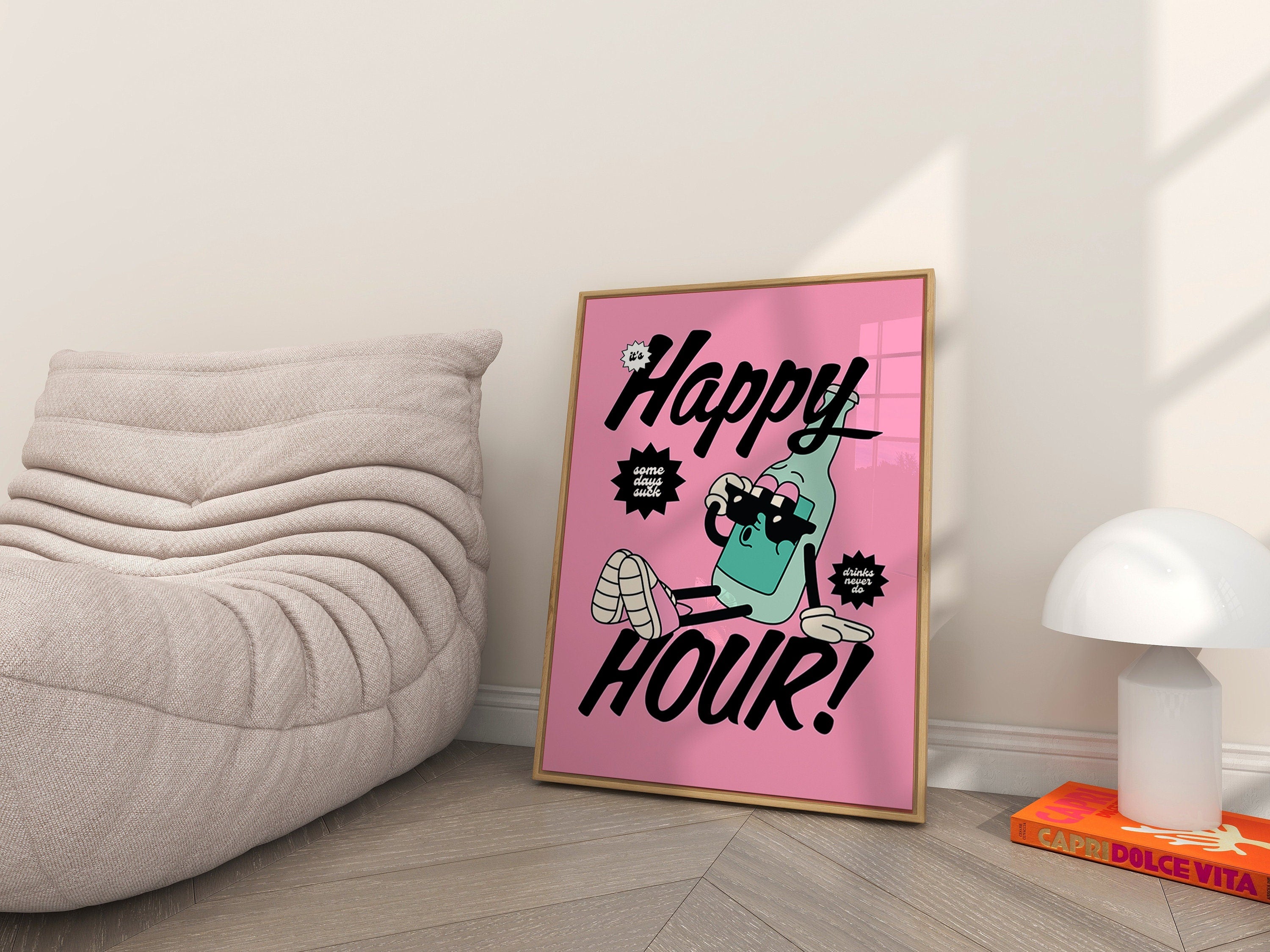 Happy Hour Art Print, Retro Wall Art, cartoon Retro Prints, Happy Hour Posters, Bar Cart Decor, Cocktail Art Prints, Funky Art