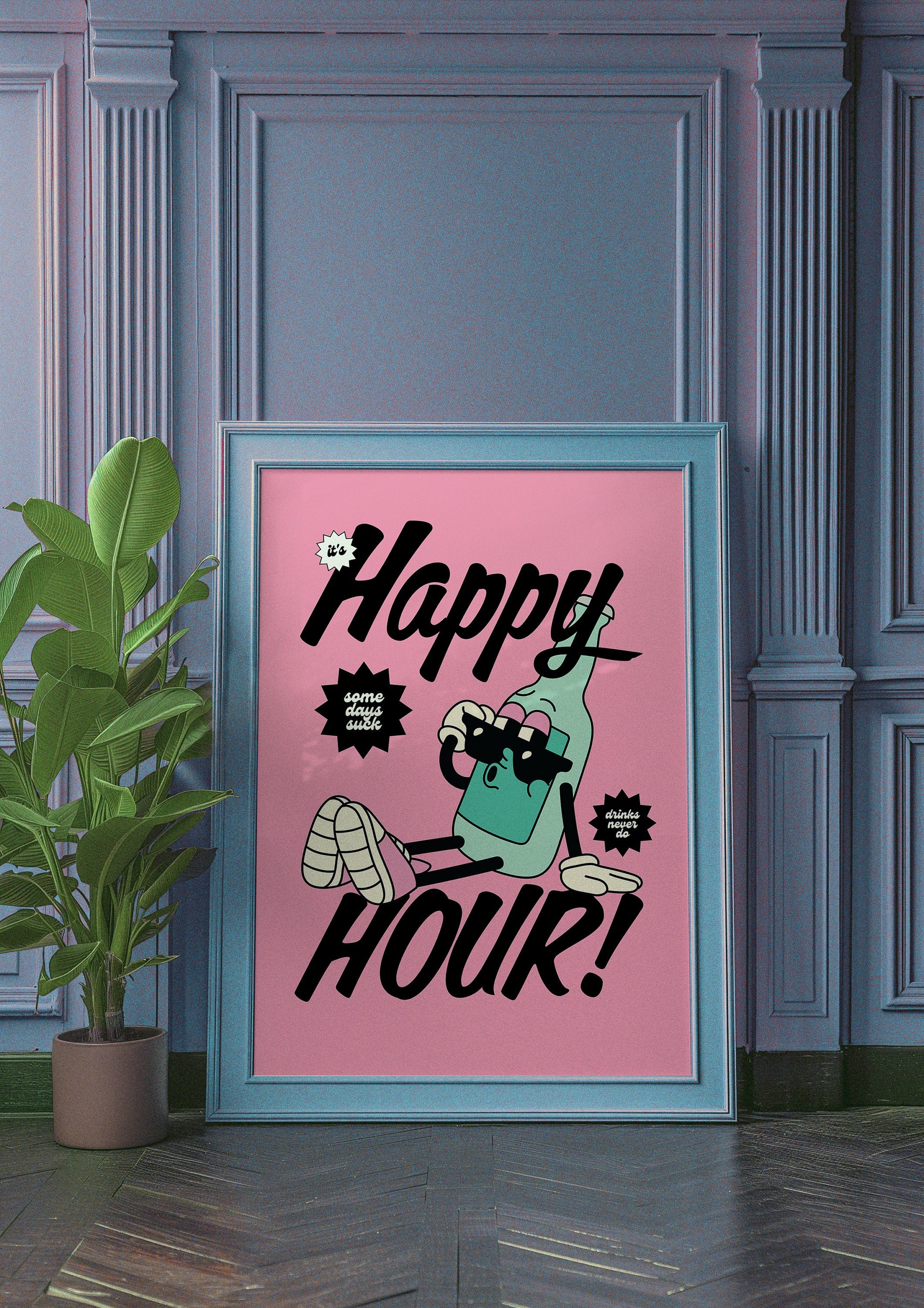 Happy Hour Art Print, Retro Wall Art, cartoon Retro Prints, Happy Hour Posters, Bar Cart Decor, Cocktail Art Prints, Funky Art