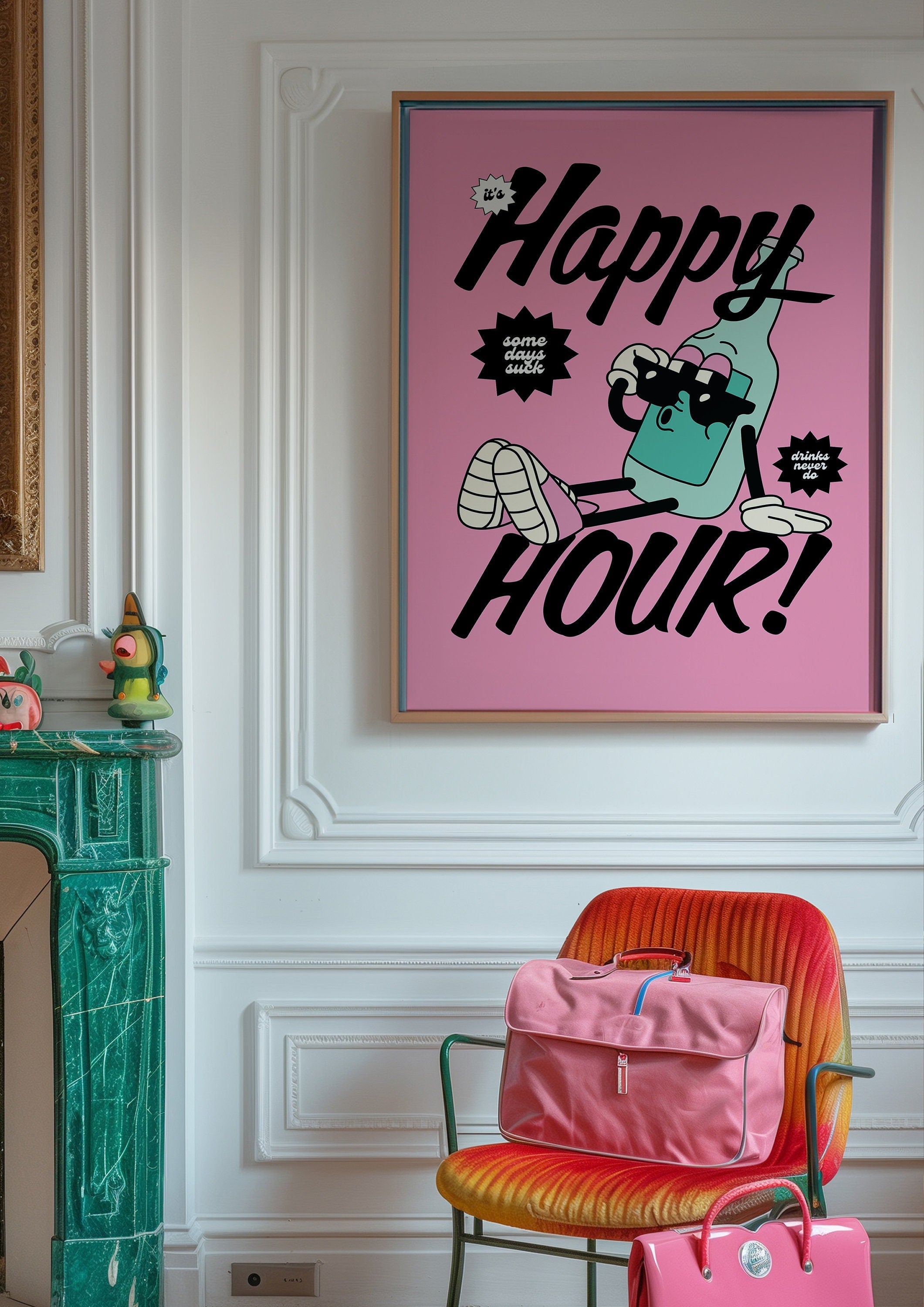 Happy Hour Art Print, Retro Wall Art, cartoon Retro Prints, Happy Hour Posters, Bar Cart Decor, Cocktail Art Prints, Funky Art