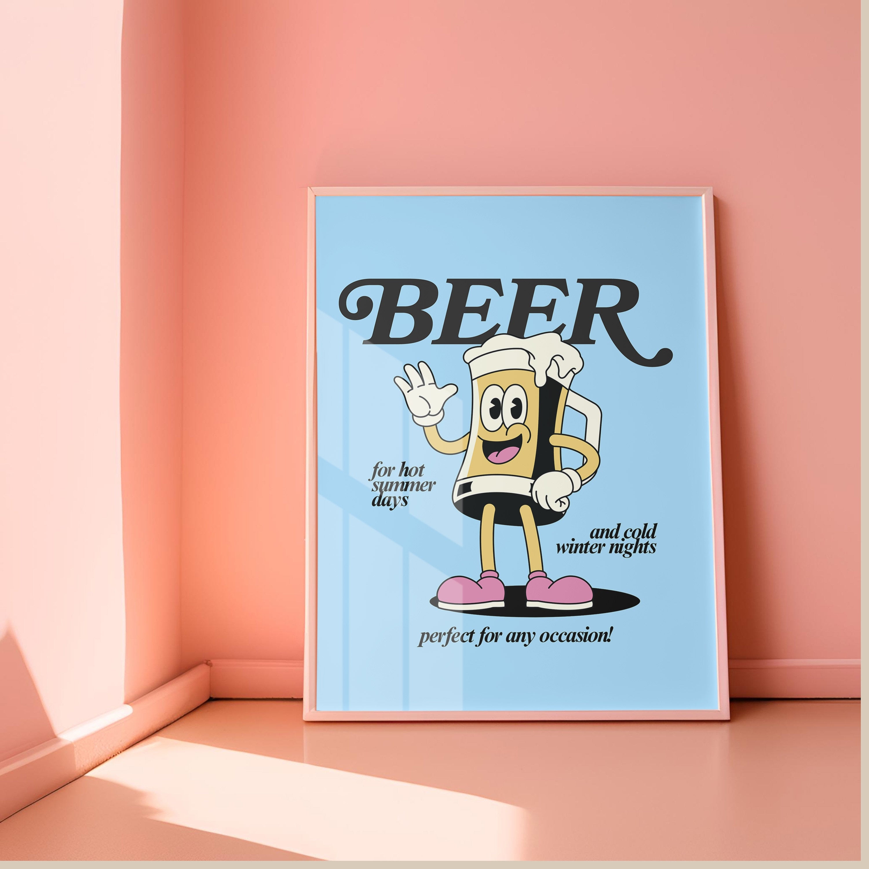 Beer Cartoon Art Print, Retro Wall Art, Cartoon Retro Prints, Happy Hour Posters, Bar Cart Decor, Cocktail Art Prints, Funky Art