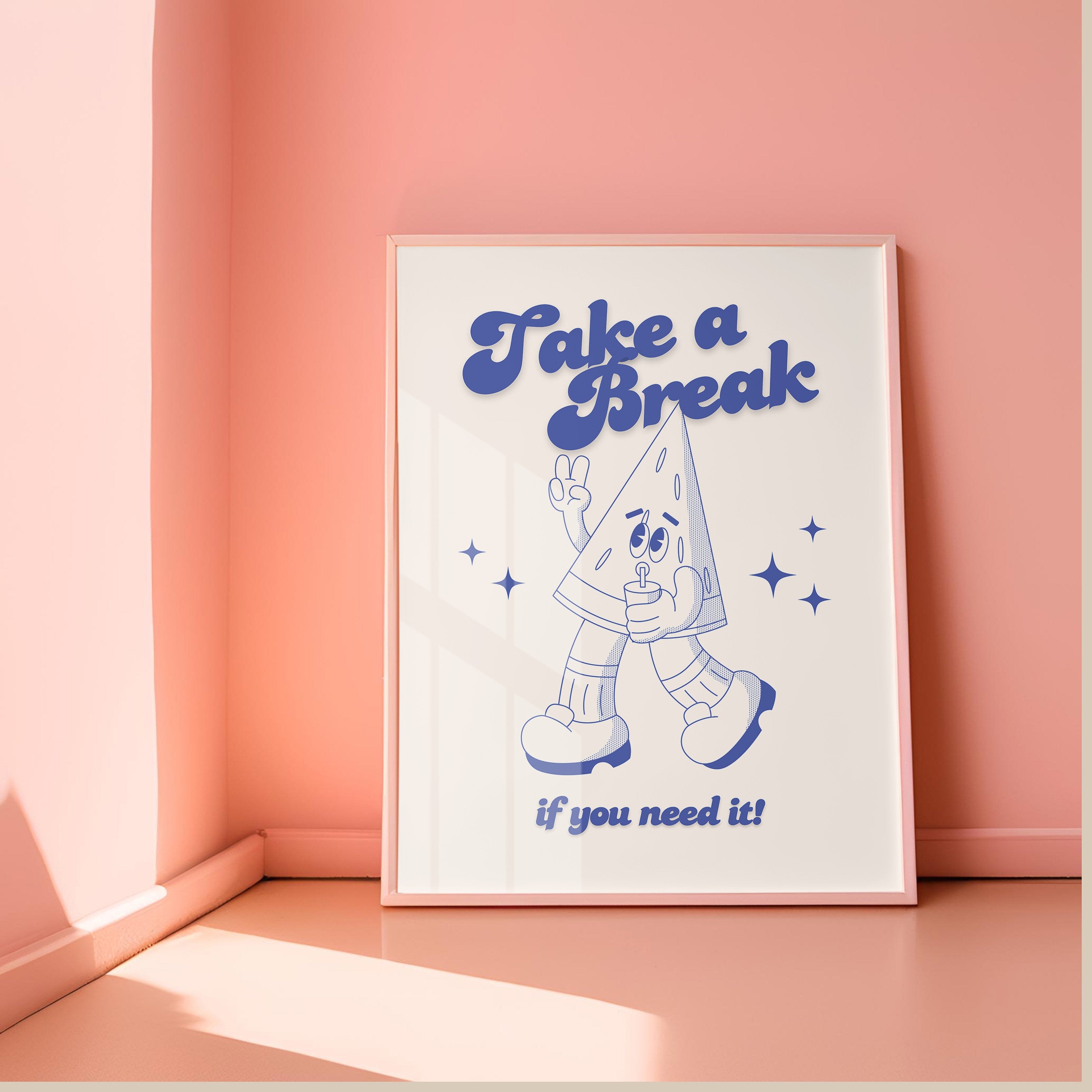 Take a Break Print, Retro Watermelon, Blue Wall Print, Cute Kids Wall Art, Retro Cartoon Poster, Retro Quote Print, Cartoon Prints, Kid Art