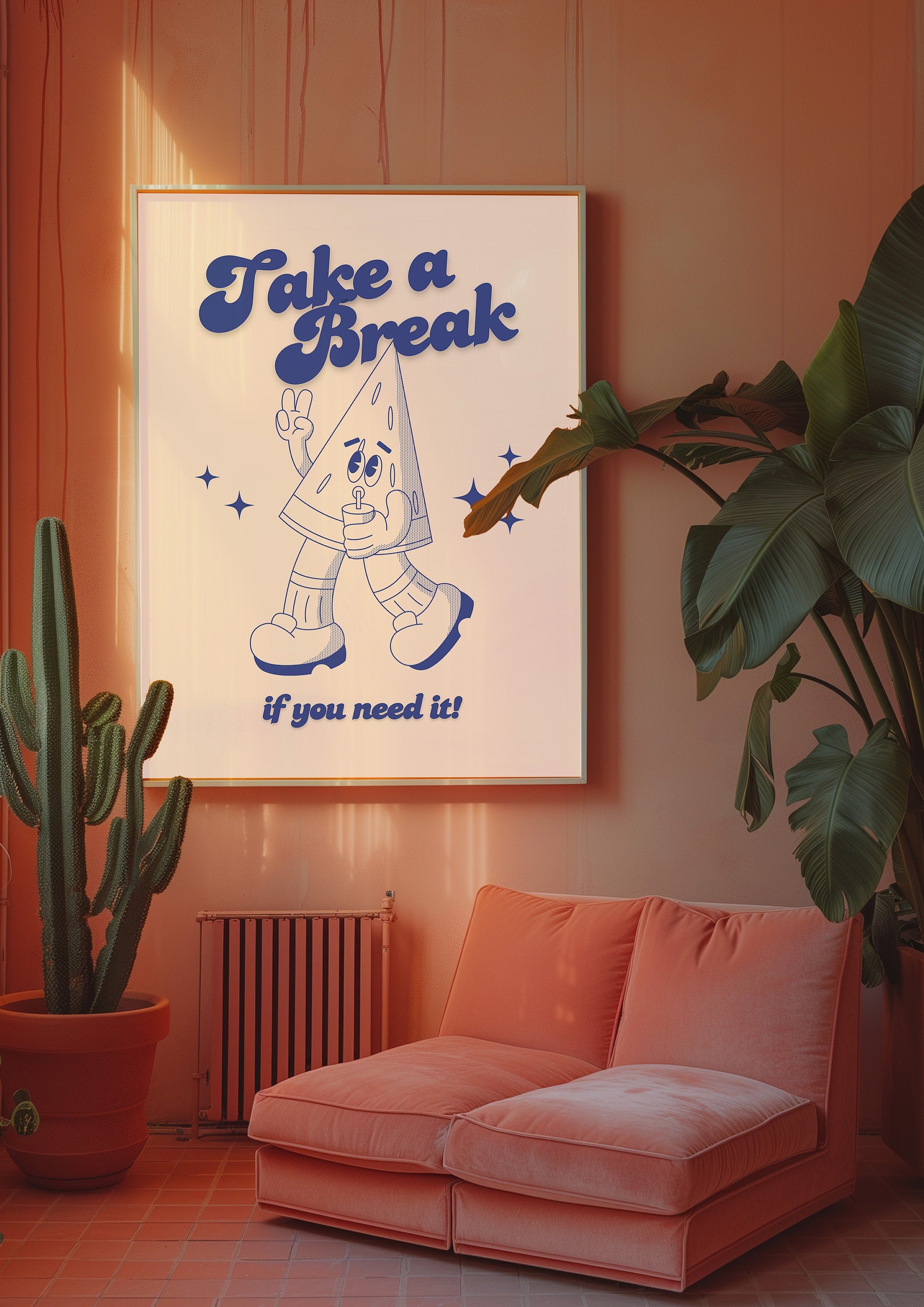 Take a Break Print, Retro Watermelon, Blue Wall Print, Cute Kids Wall Art, Retro Cartoon Poster, Retro Quote Print, Cartoon Prints, Kid Art