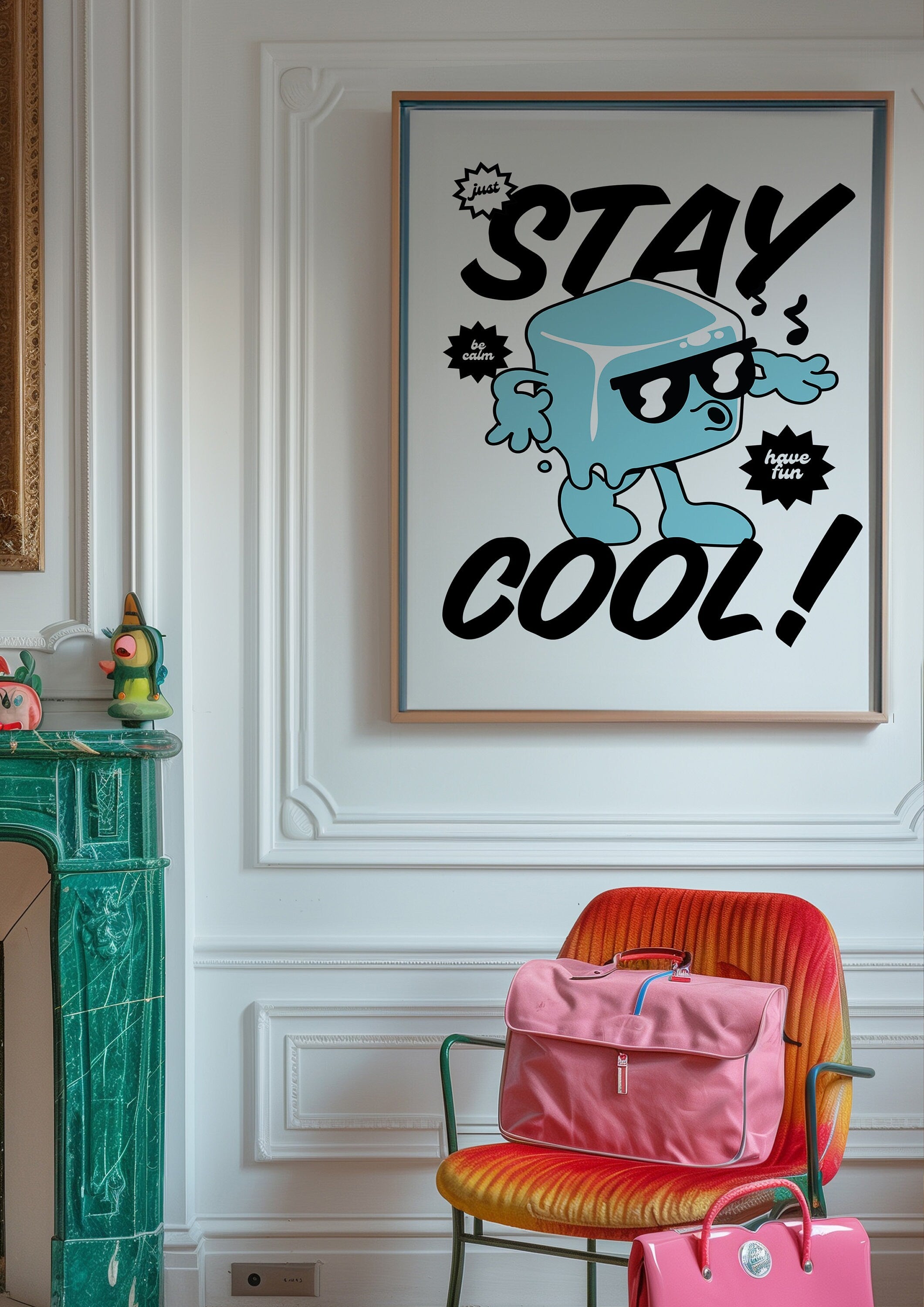 Stay Cool Art, Classroom Art, Cute Retro Print, Ice Cube Cartoon, Retro Mascot Print, Funky Groovy Minimal Retro Poster