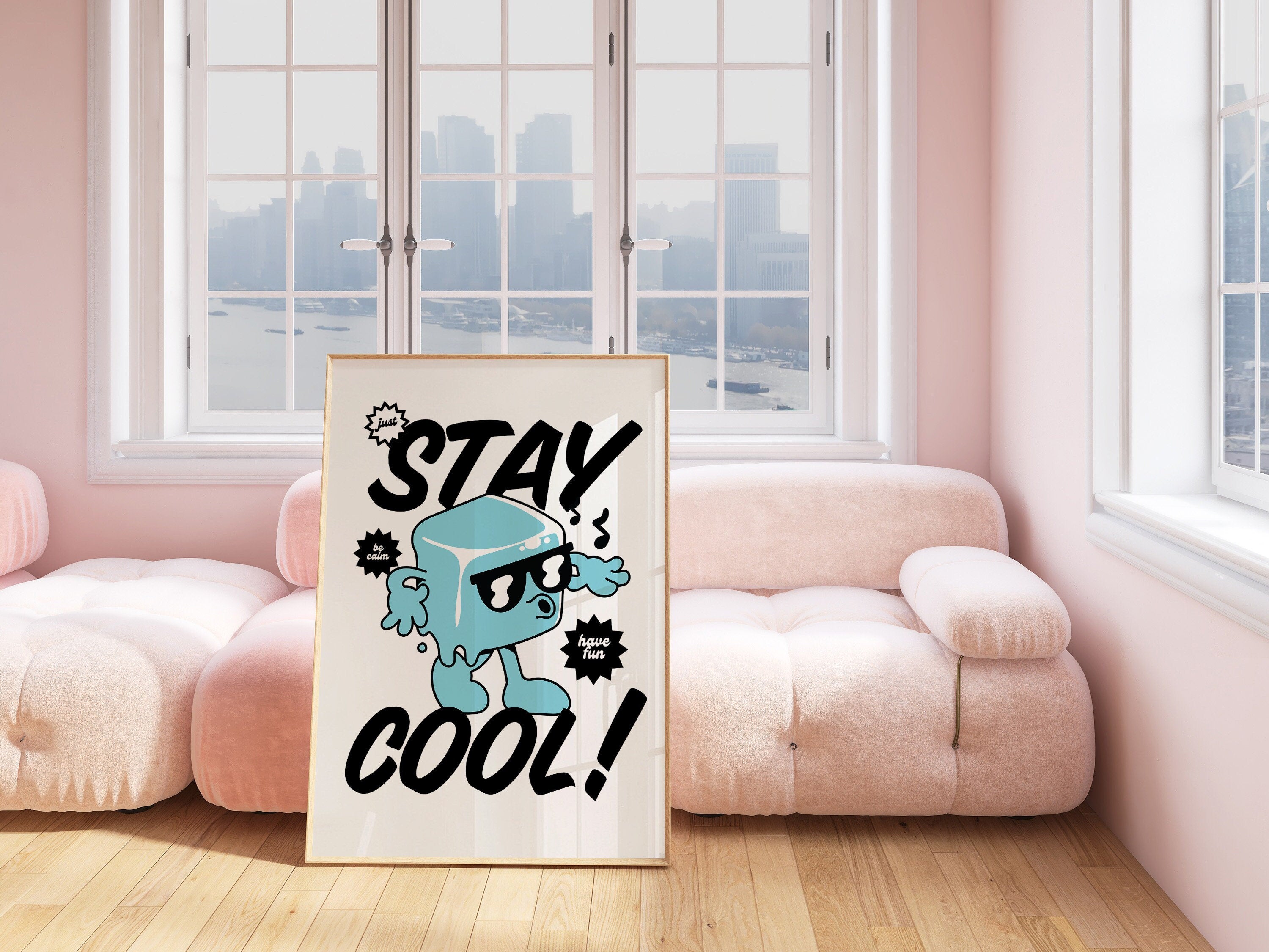 Stay Cool Art, Classroom Art, Cute Retro Print, Ice Cube Cartoon, Retro Mascot Print, Funky Groovy Minimal Retro Poster