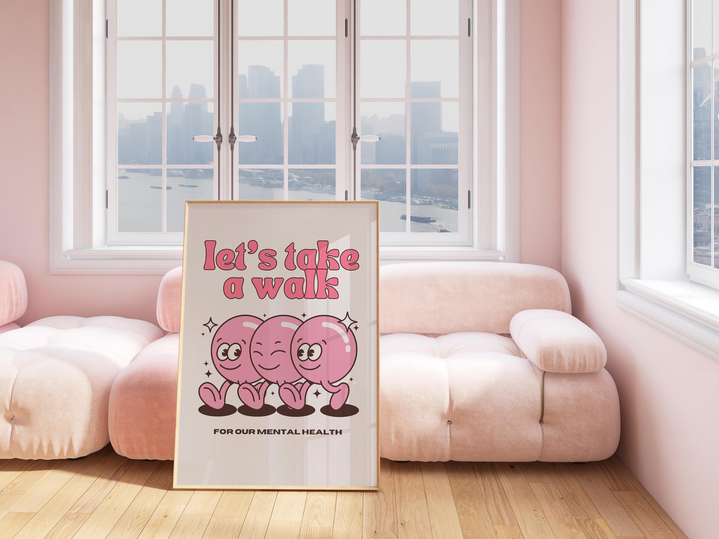 Take a Walk- Digital Download - Wall Print - Retro -Friends - Large Girly Print Art - Trendy Art -70s Art Print - cartoon - Pink Print