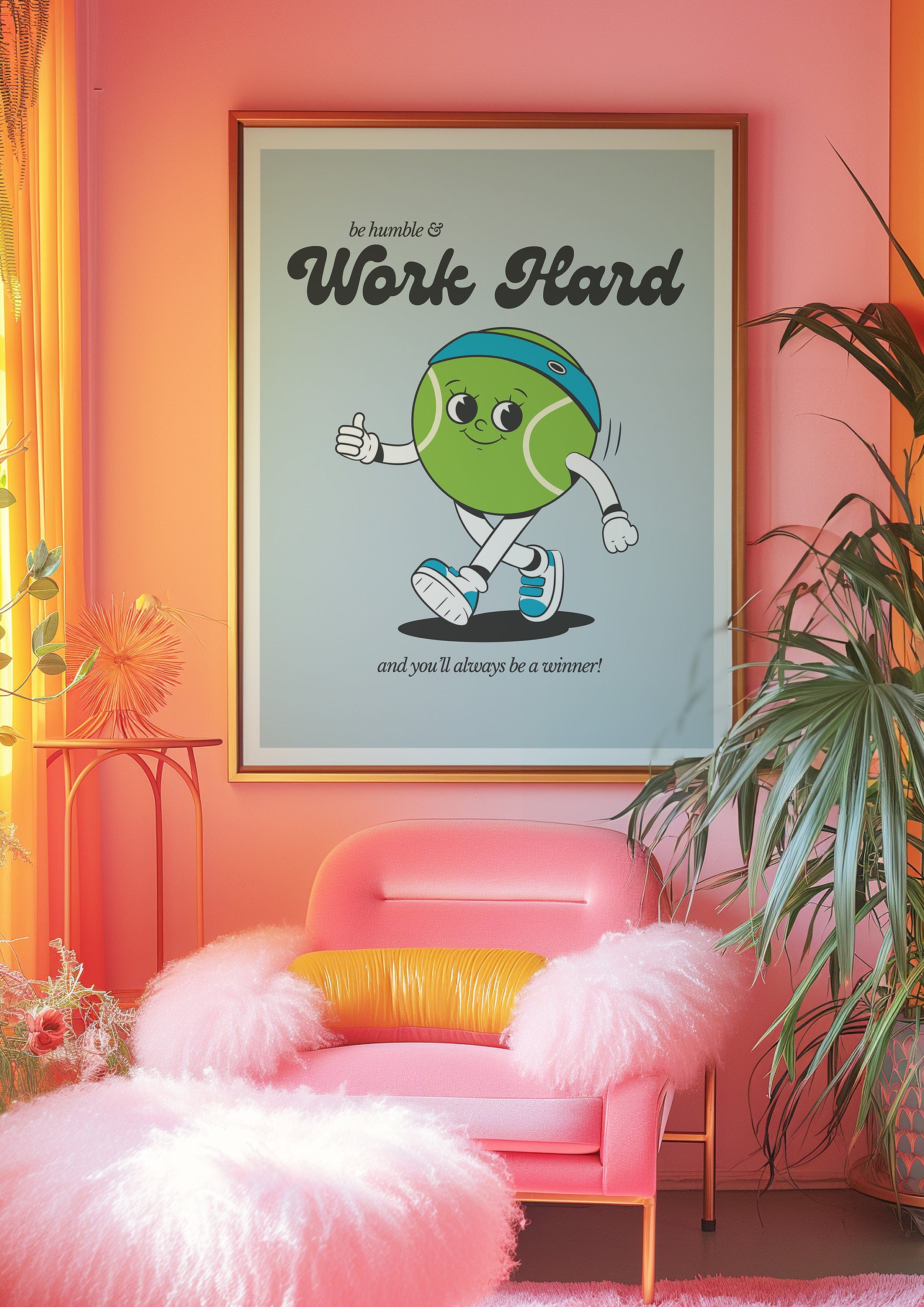 Work Hard Print, Retro Tennis Print, Blue Wall Print, Cute Kids Wall Art, Retro Cartoon Poster, Retro Quote Print, Cartoon Prints, Kid Art