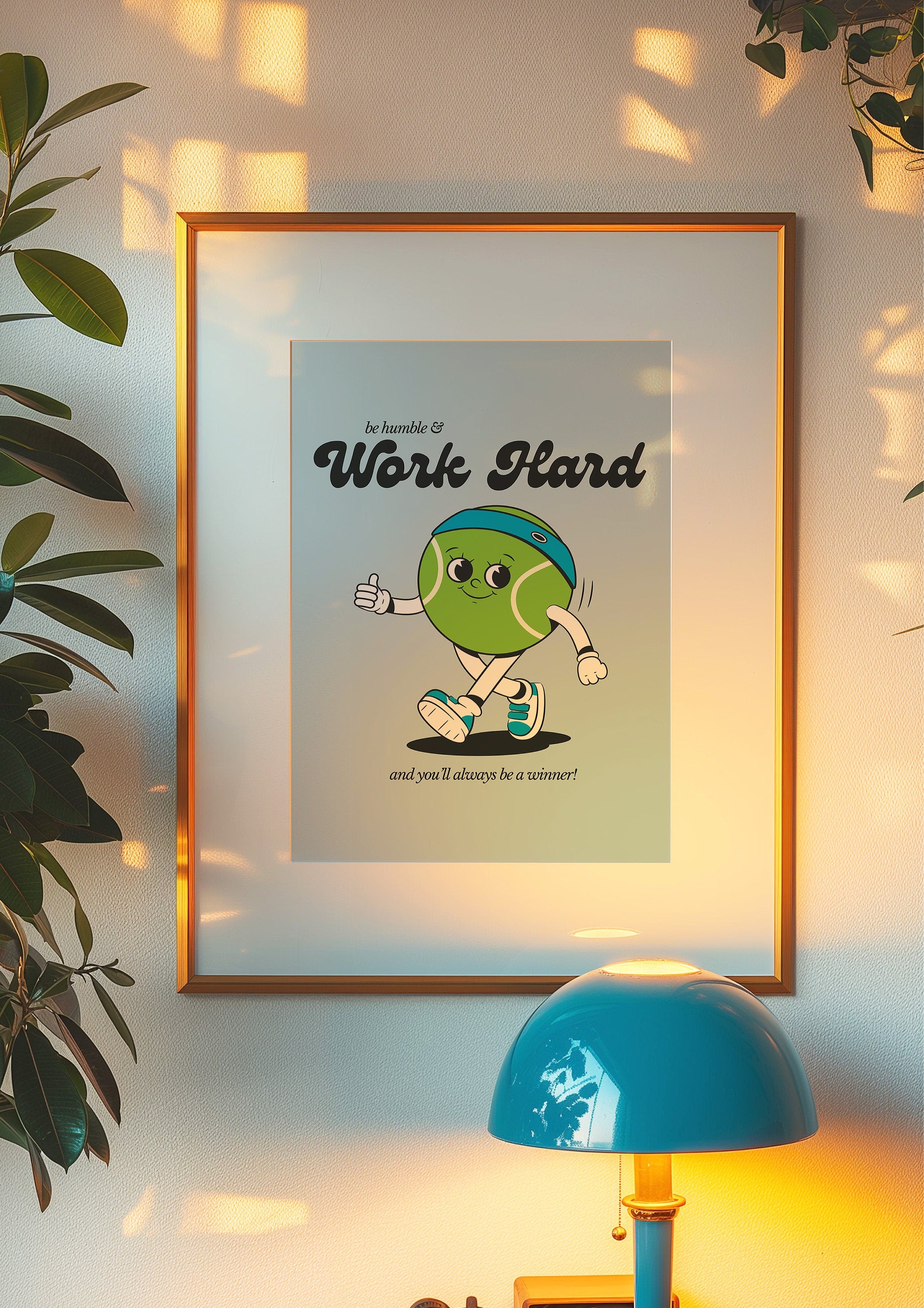 Work Hard Print, Retro Tennis Print, Blue Wall Print, Cute Kids Wall Art, Retro Cartoon Poster, Retro Quote Print, Cartoon Prints, Kid Art