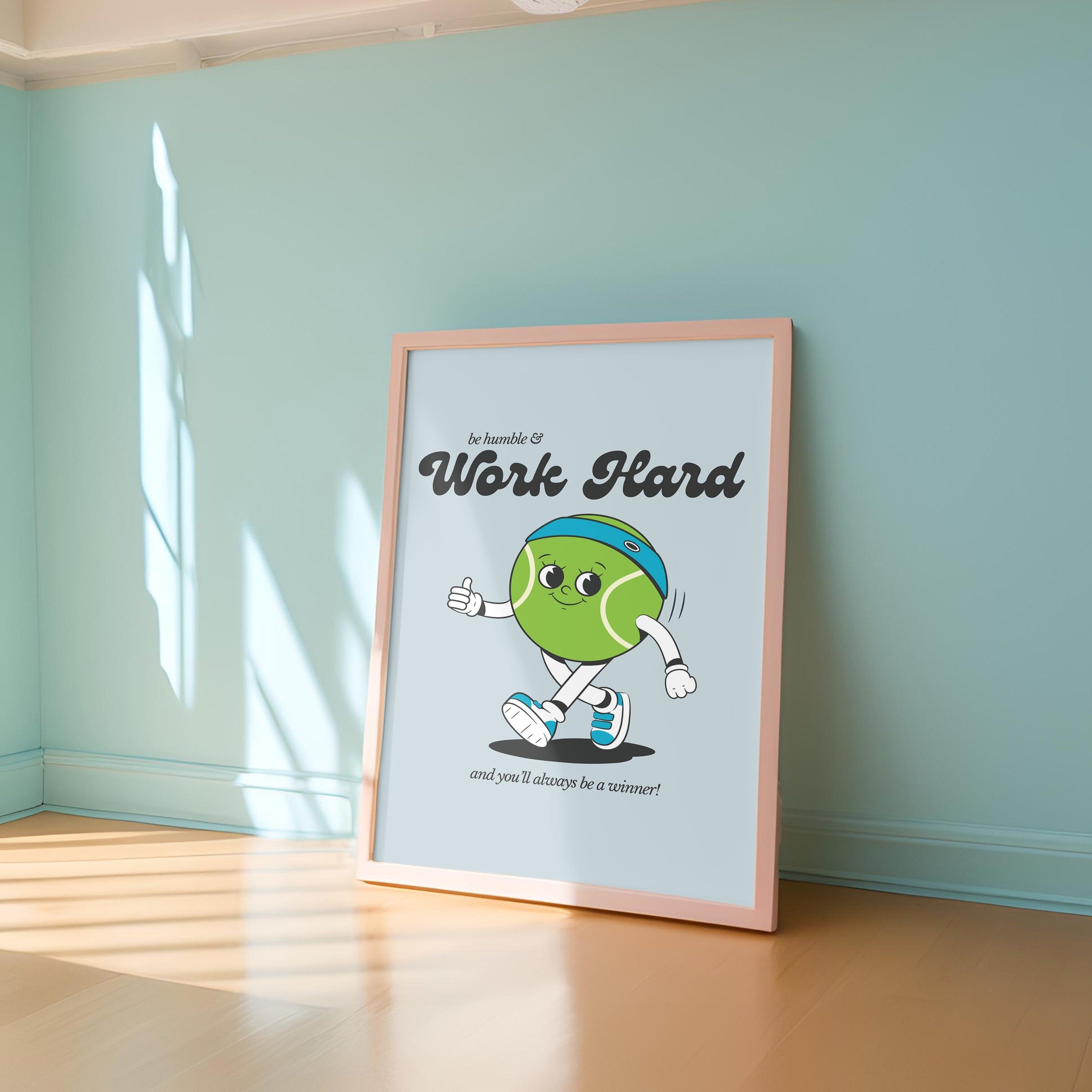 Work Hard Print, Retro Tennis Print, Blue Wall Print, Cute Kids Wall Art, Retro Cartoon Poster, Retro Quote Print, Cartoon Prints, Kid Art