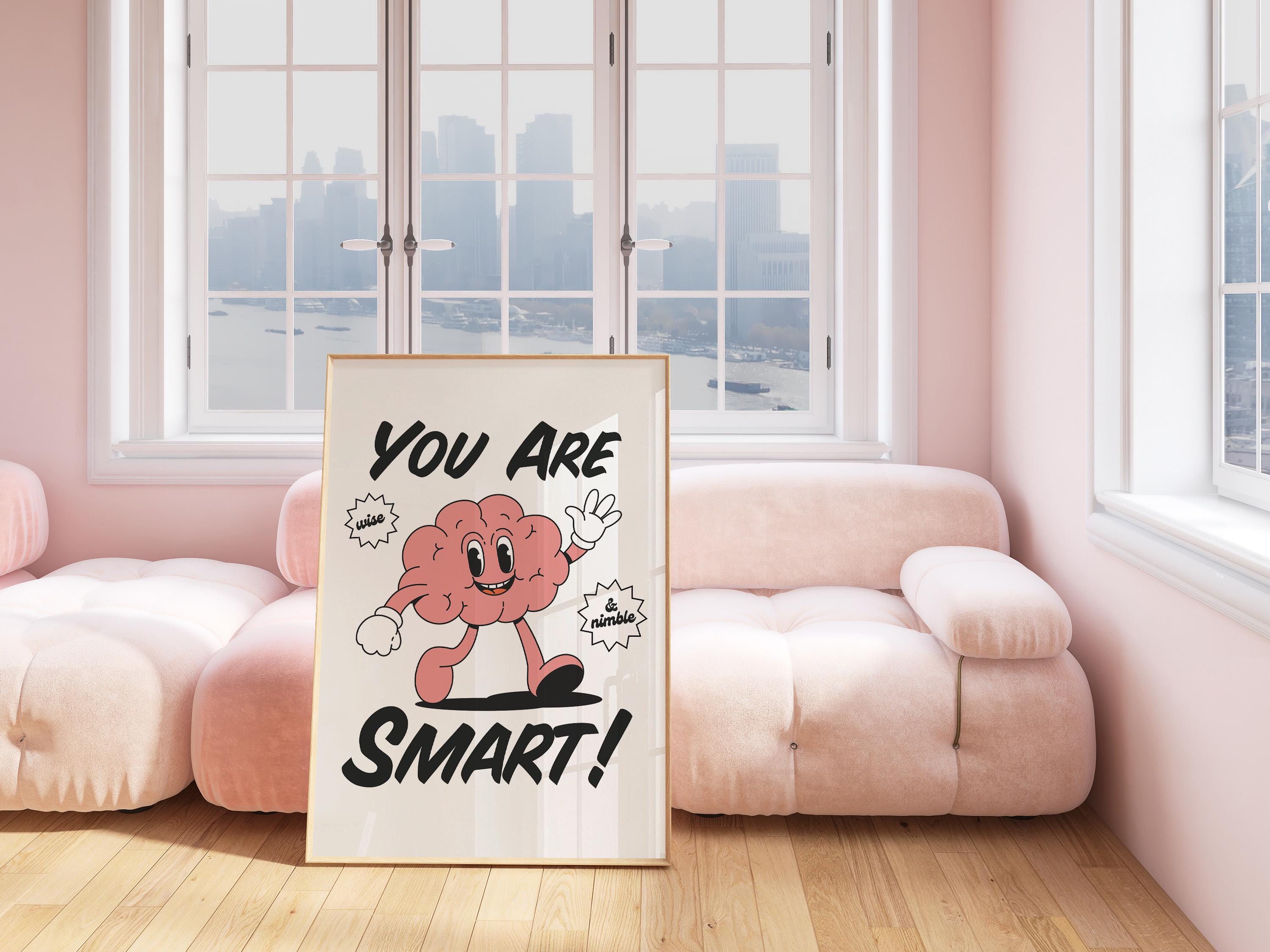 You Are Smart Poster, Classroom Art, Cute Retro Print, Brain Cartoon, Retro Mascot Print, Funky Groovy Minimal Retro Poster