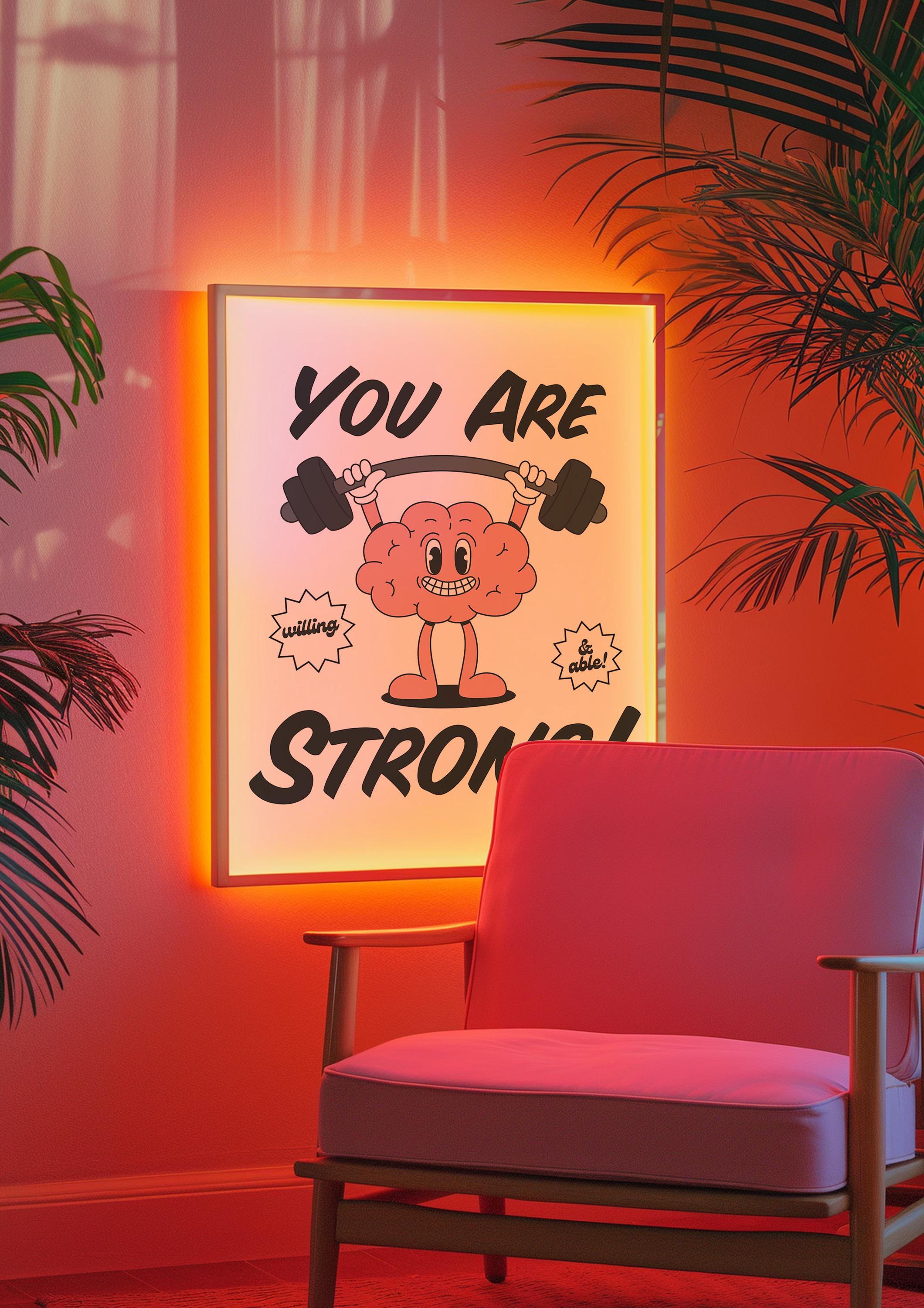 You Are Strong Poster, Classroom Art, Cute Retro Print, Brain Cartoon, Retro Mascot Print, Funky Groovy Minimal Retro Poster