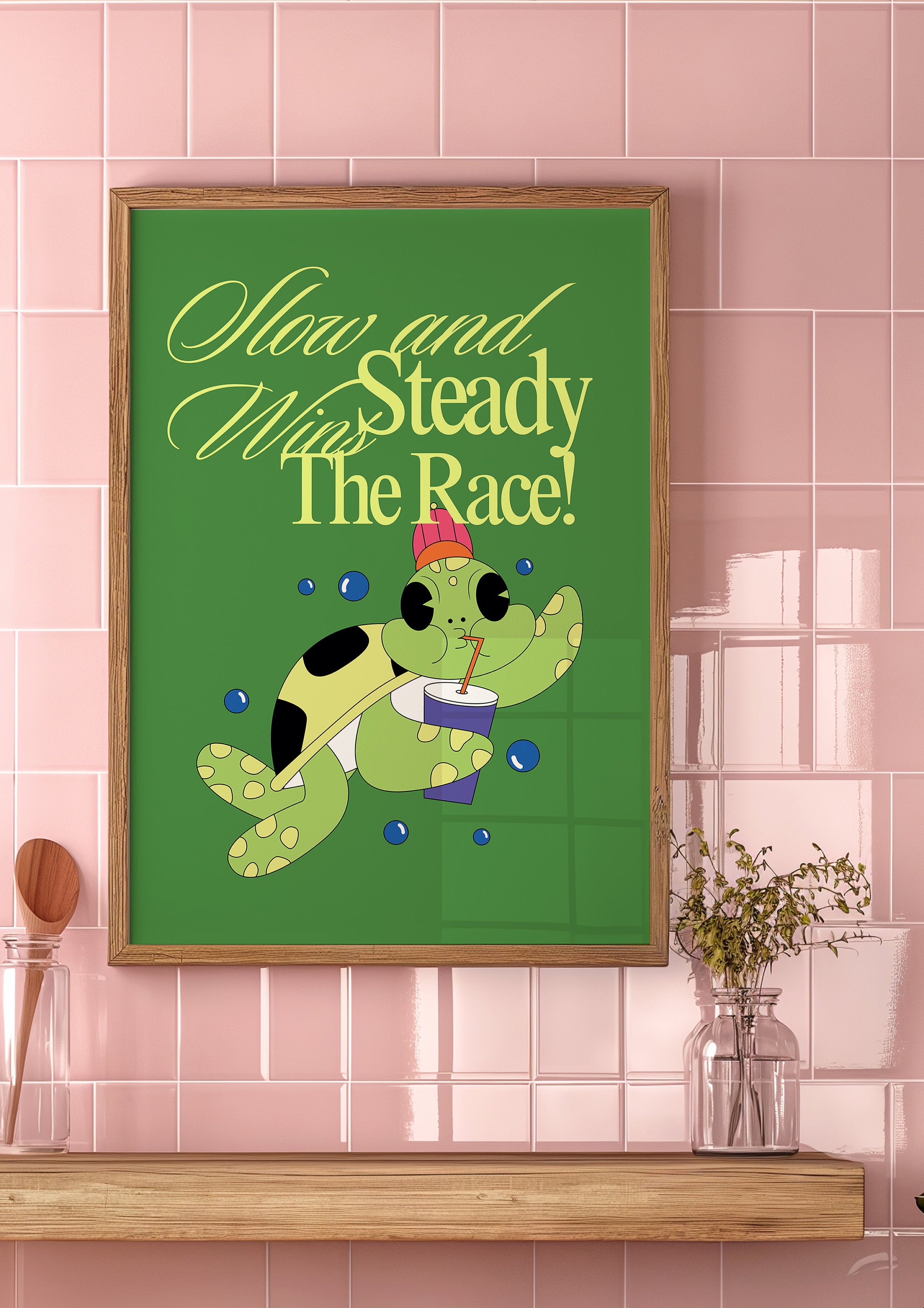 Slow and Steady, Digital Prints, Retro Art Decor, Cute Cartoon Art, Turtle Cartoon Art, Retro Cartoon Art, Cute Animal Art, Turtle Posters