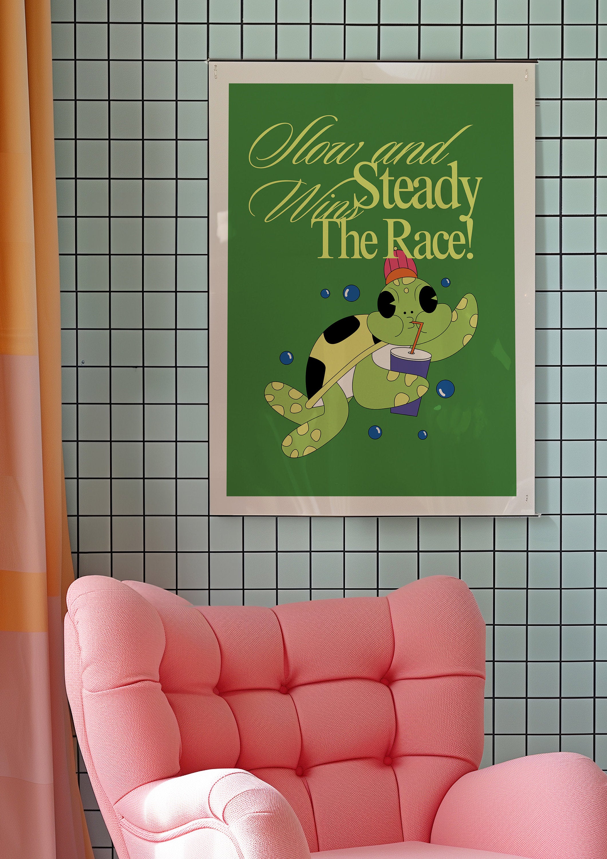 Slow and Steady, Digital Prints, Retro Art Decor, Cute Cartoon Art, Turtle Cartoon Art, Retro Cartoon Art, Cute Animal Art, Turtle Posters