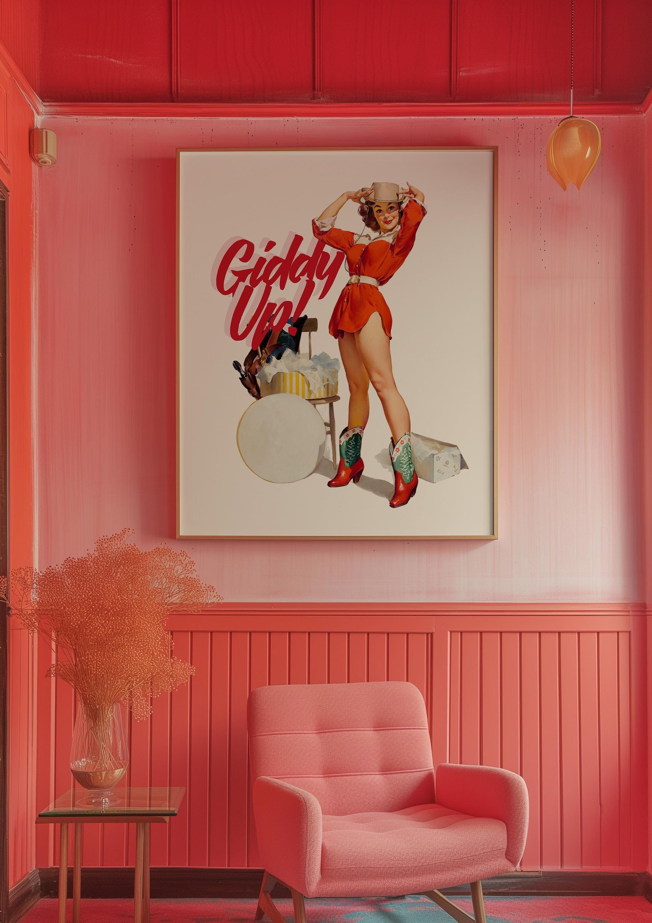 Giddy Up Poster, Retro Photo Art Print, Girly Art Decor, Apartment Decor, Bar Cart Print, Vintage Art Print, Vintage Photo Decor