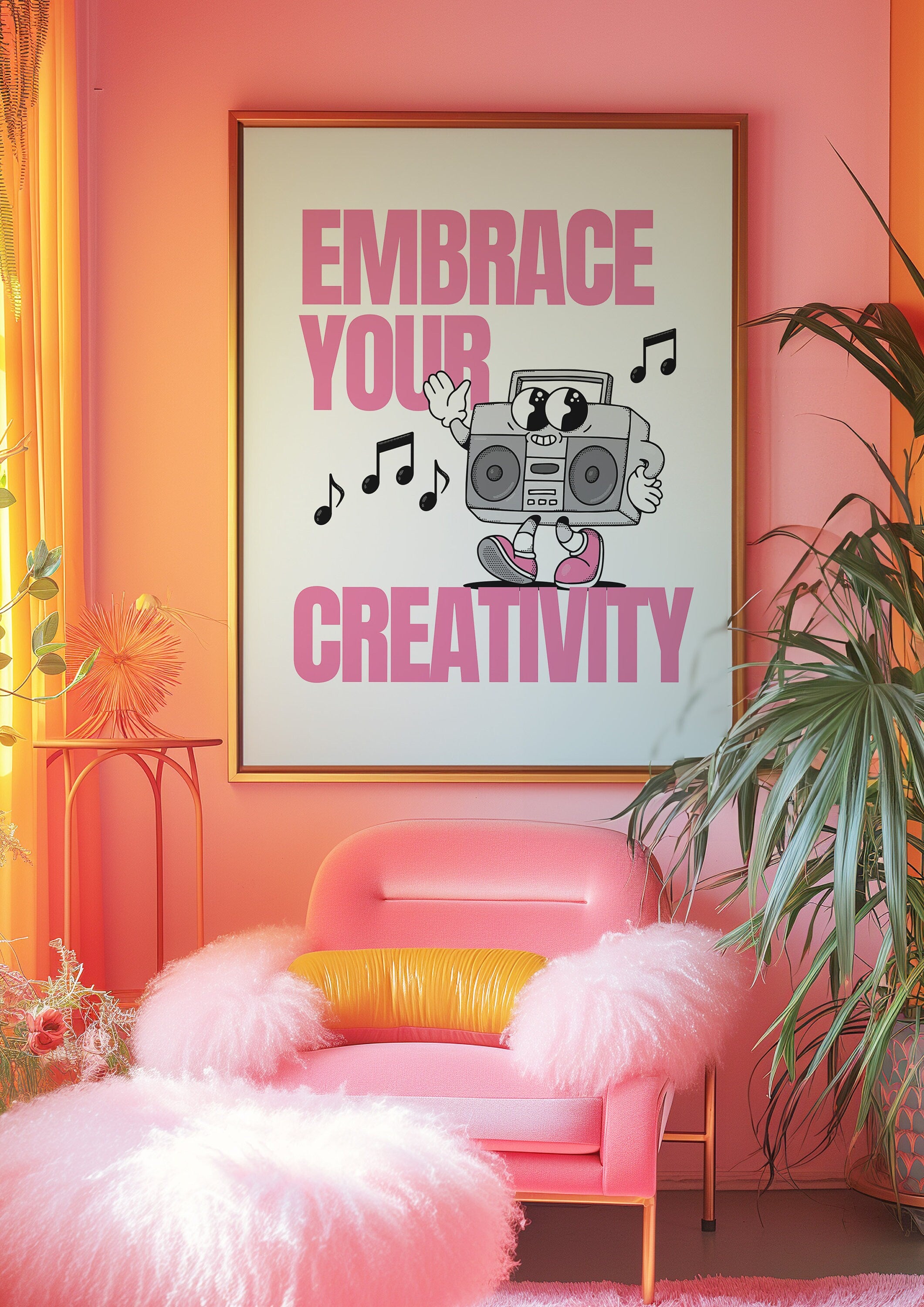 Embrace Creativity Art, Classroom Art, Cute Retro Print, Planet Cartoon, Retro Mascot Print, Funky Groovy Minimal Retro Poster