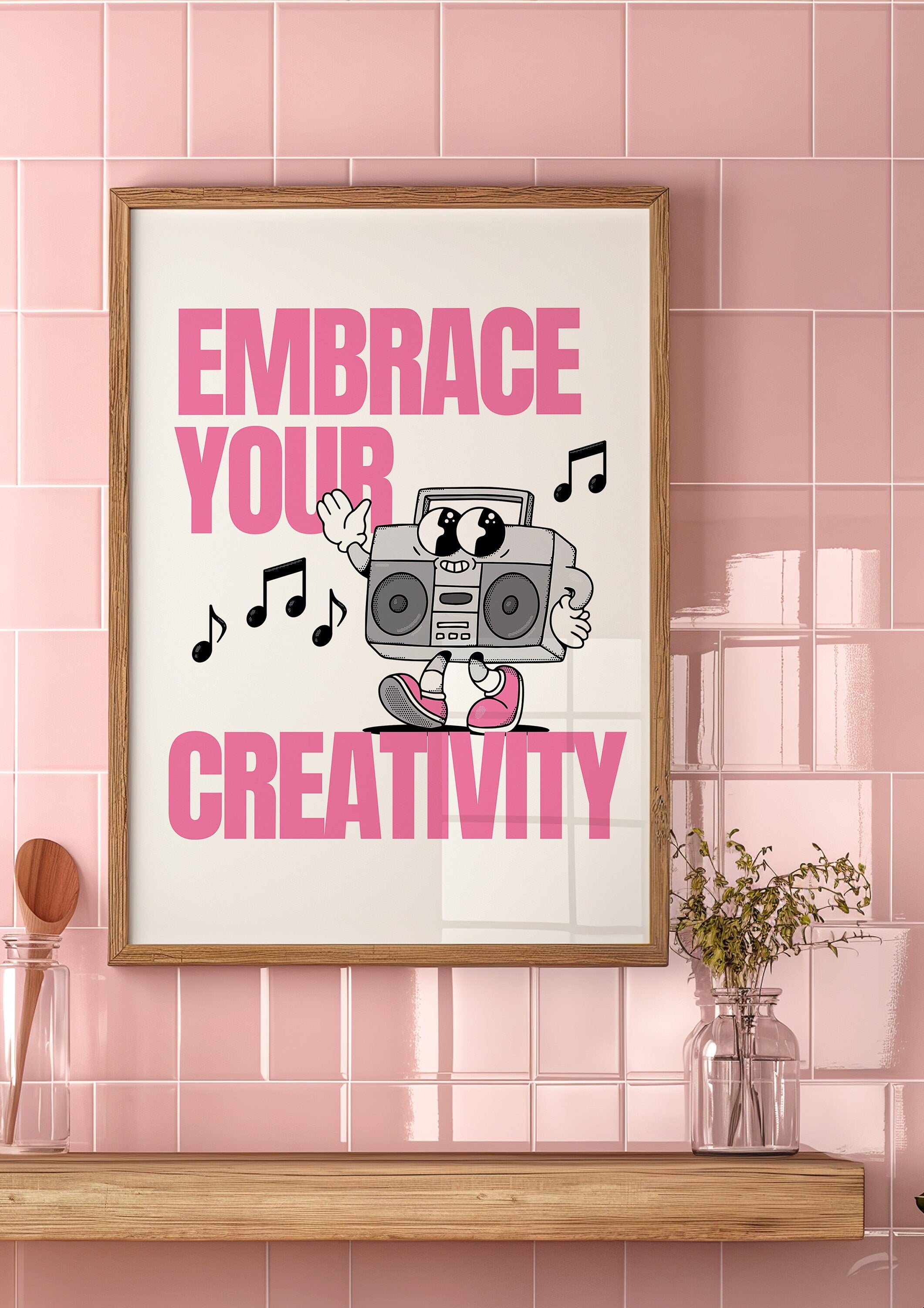 Embrace Creativity Art, Classroom Art, Cute Retro Print, Planet Cartoon, Retro Mascot Print, Funky Groovy Minimal Retro Poster