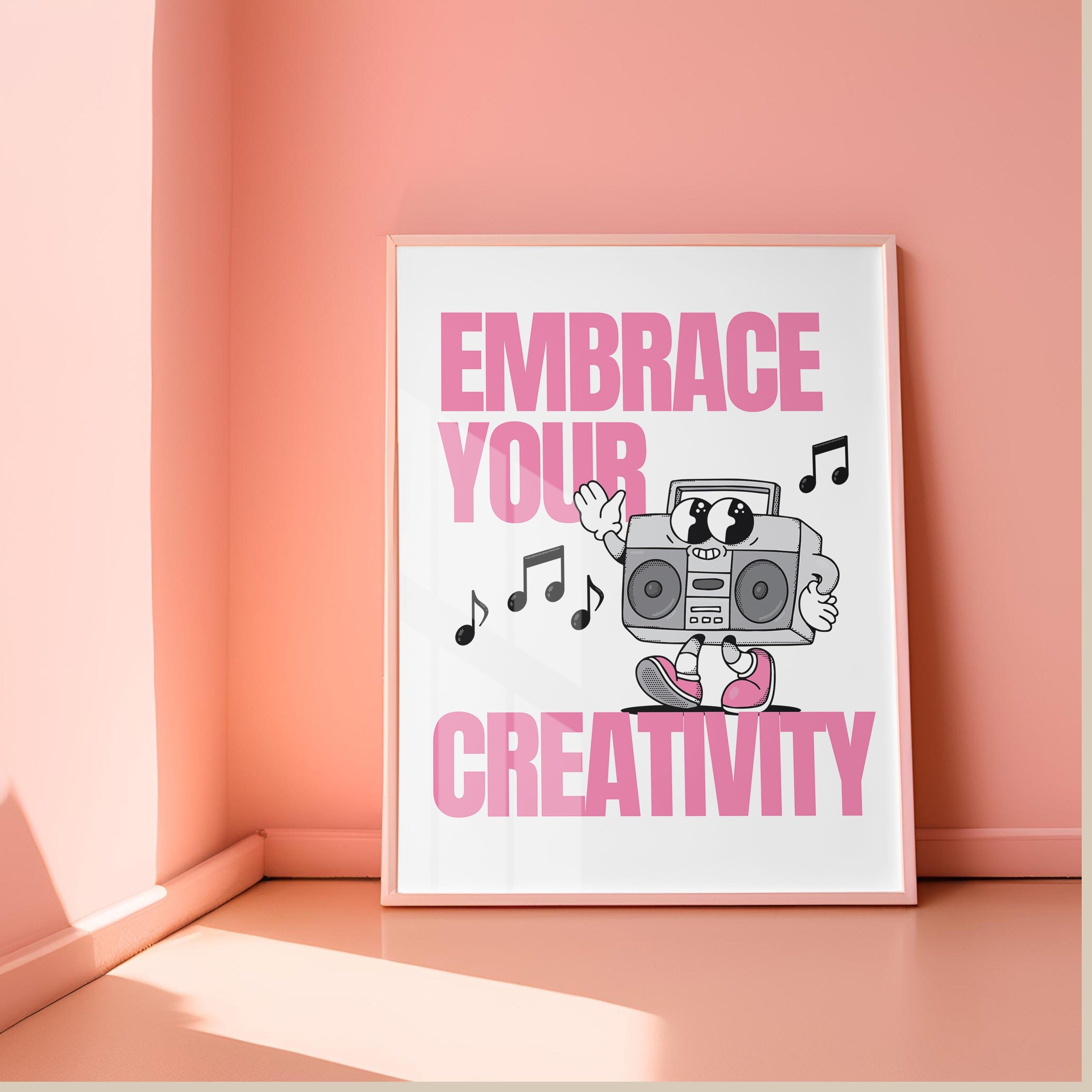 Embrace Creativity Art, Classroom Art, Cute Retro Print, Planet Cartoon, Retro Mascot Print, Funky Groovy Minimal Retro Poster