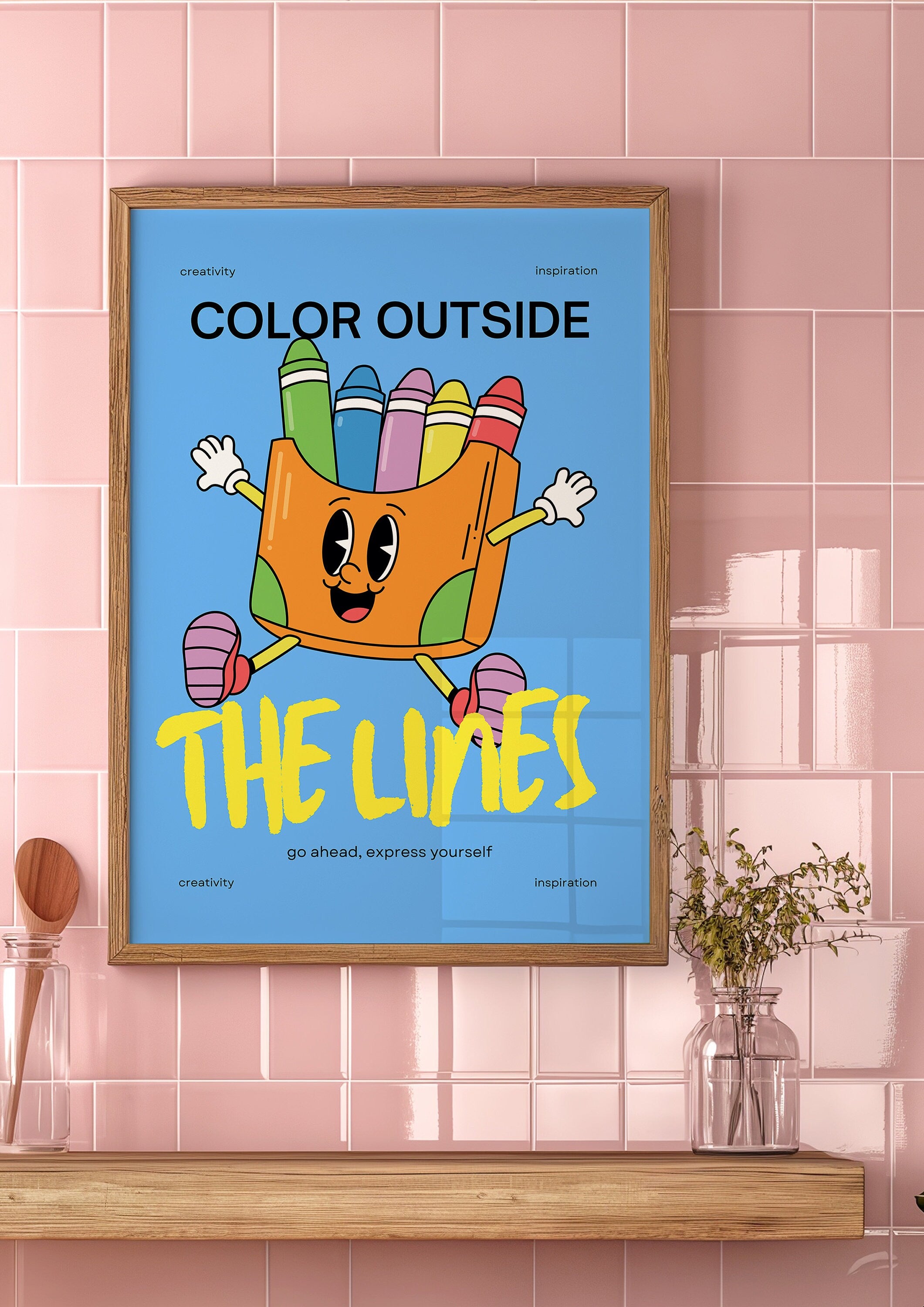 Classroom Art, Cute Retro Print, Crayon Cartoon, Retro Mascot Print, Funky Groovy Minimal Retro Poster, Fun Classroom Art, Colorful Kid Art