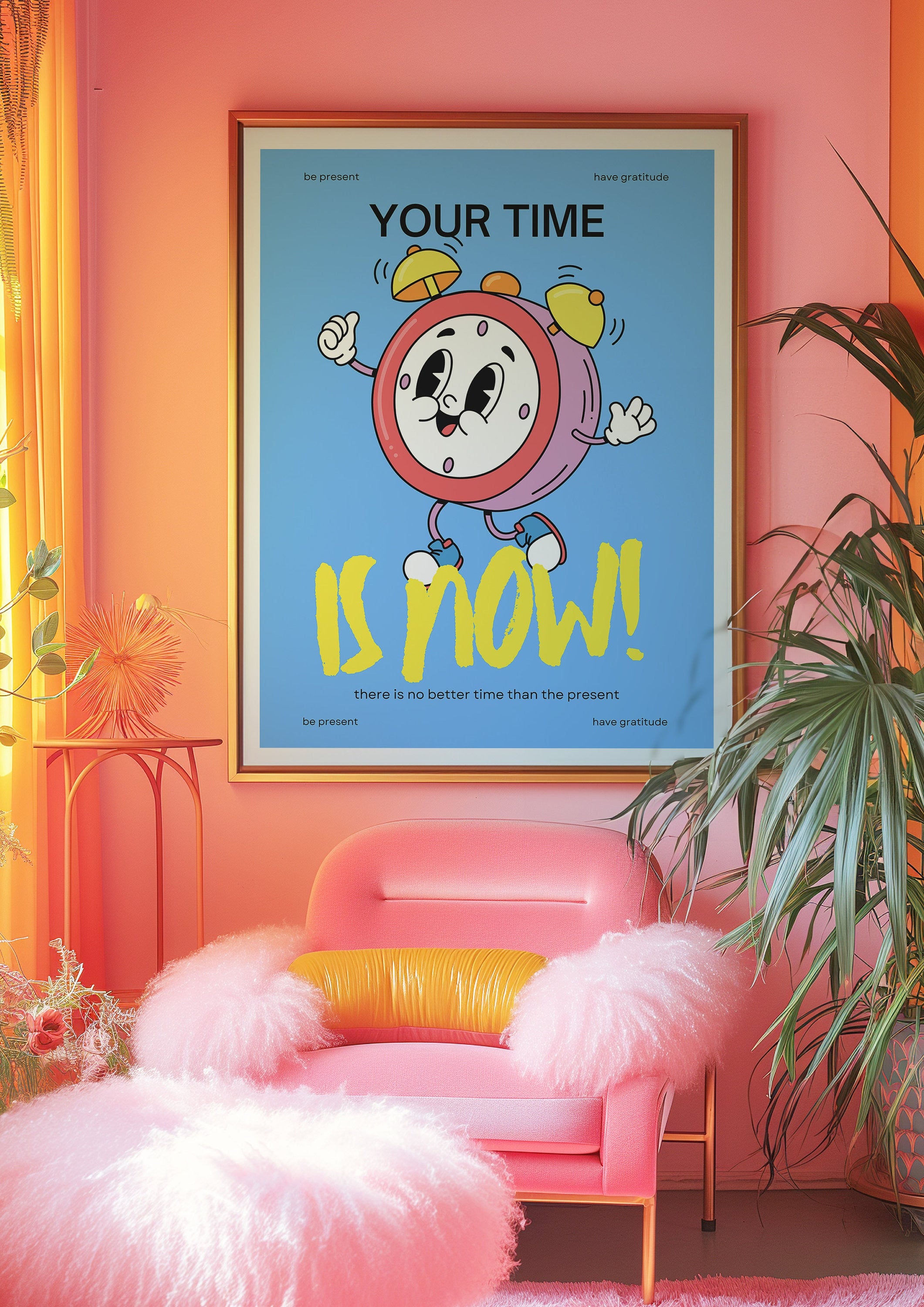 Classroom Art, Cute Retro Print, Clock Cartoon, Retro Mascot Print, Funky Groovy Minimal Retro Poster, Fun Classroom Art, Colorful Kid Art