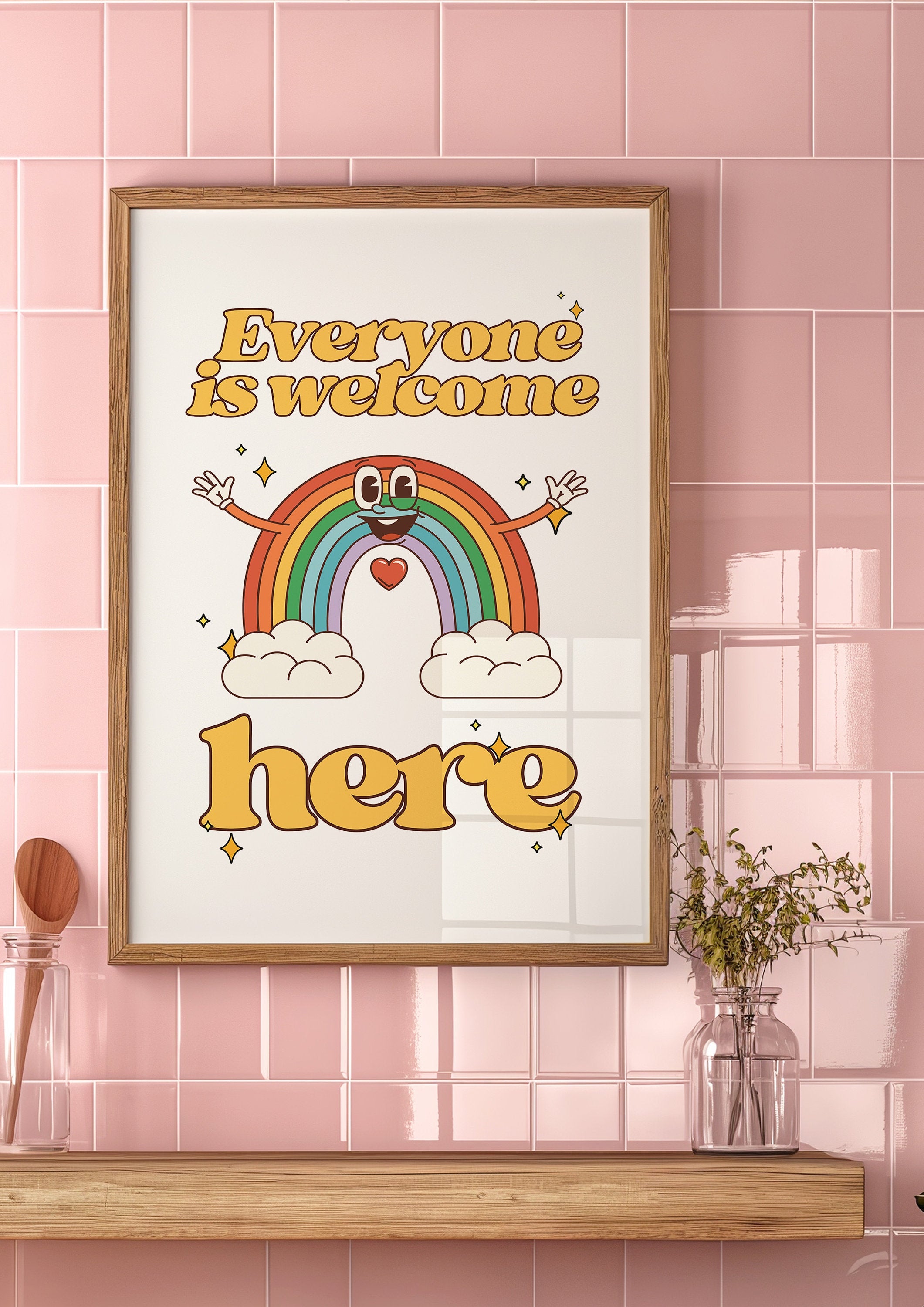 Everyone Is Welcome Here Rainbow White Digital Art Print