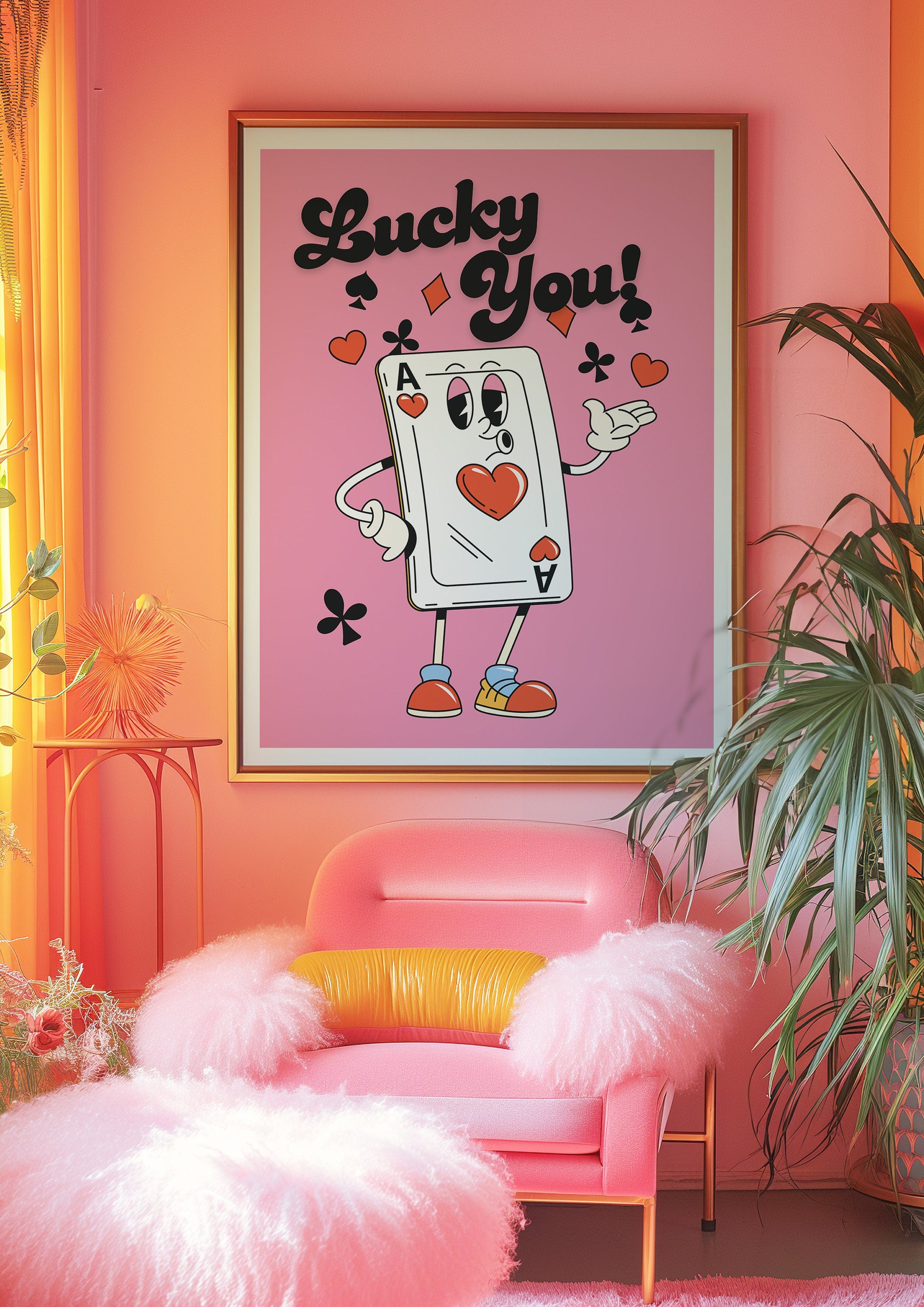 Lucky You Quote, Retro Card Posters, Lucky You Poster, Trendy Wall Art, Aesthetic Print, Dorm Art, Ace of Hearts Art, Retro Cartoon Print