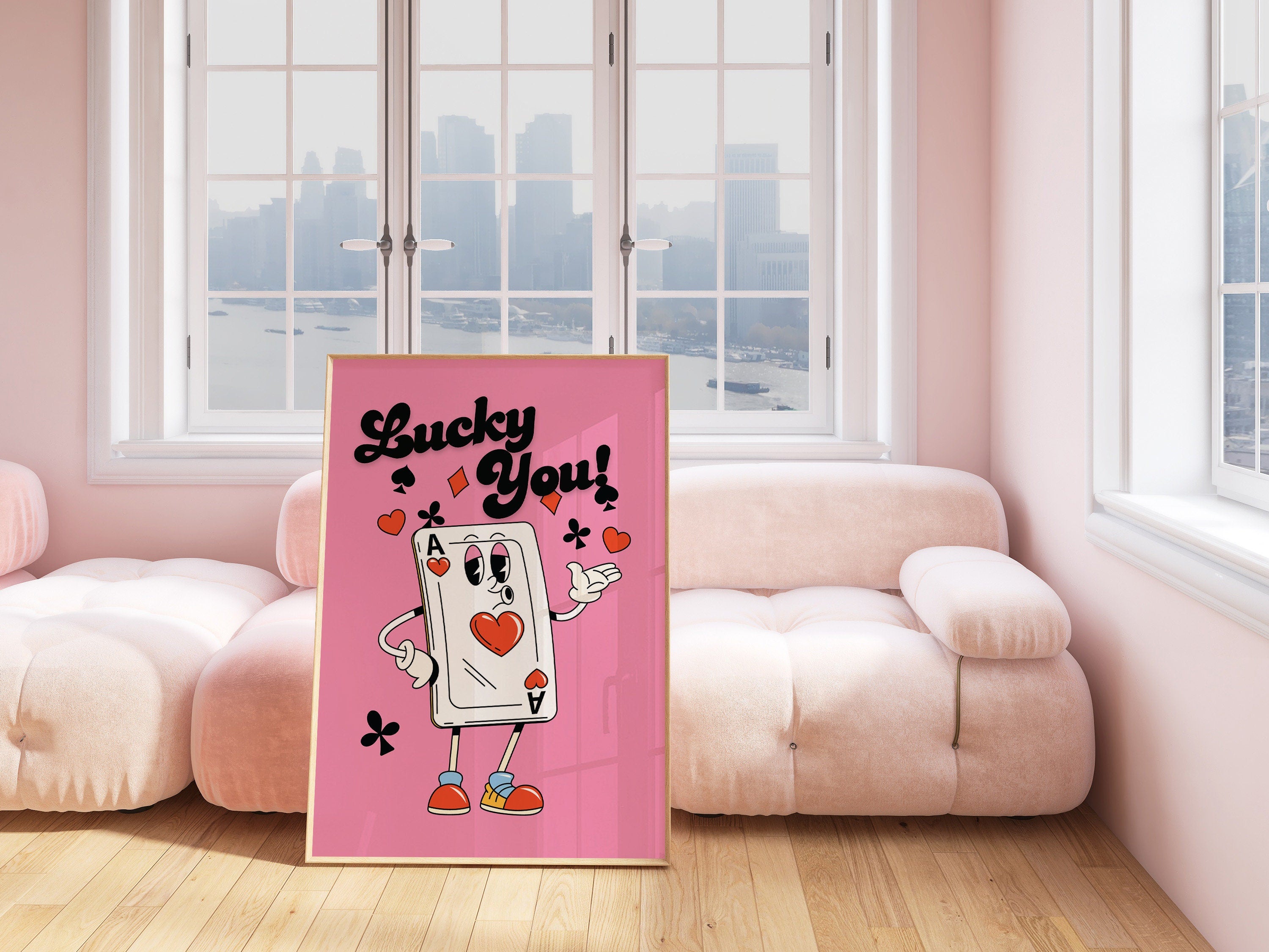 Lucky You Quote, Retro Card Posters, Lucky You Poster, Trendy Wall Art, Aesthetic Print, Dorm Art, Ace of Hearts Art, Retro Cartoon Print