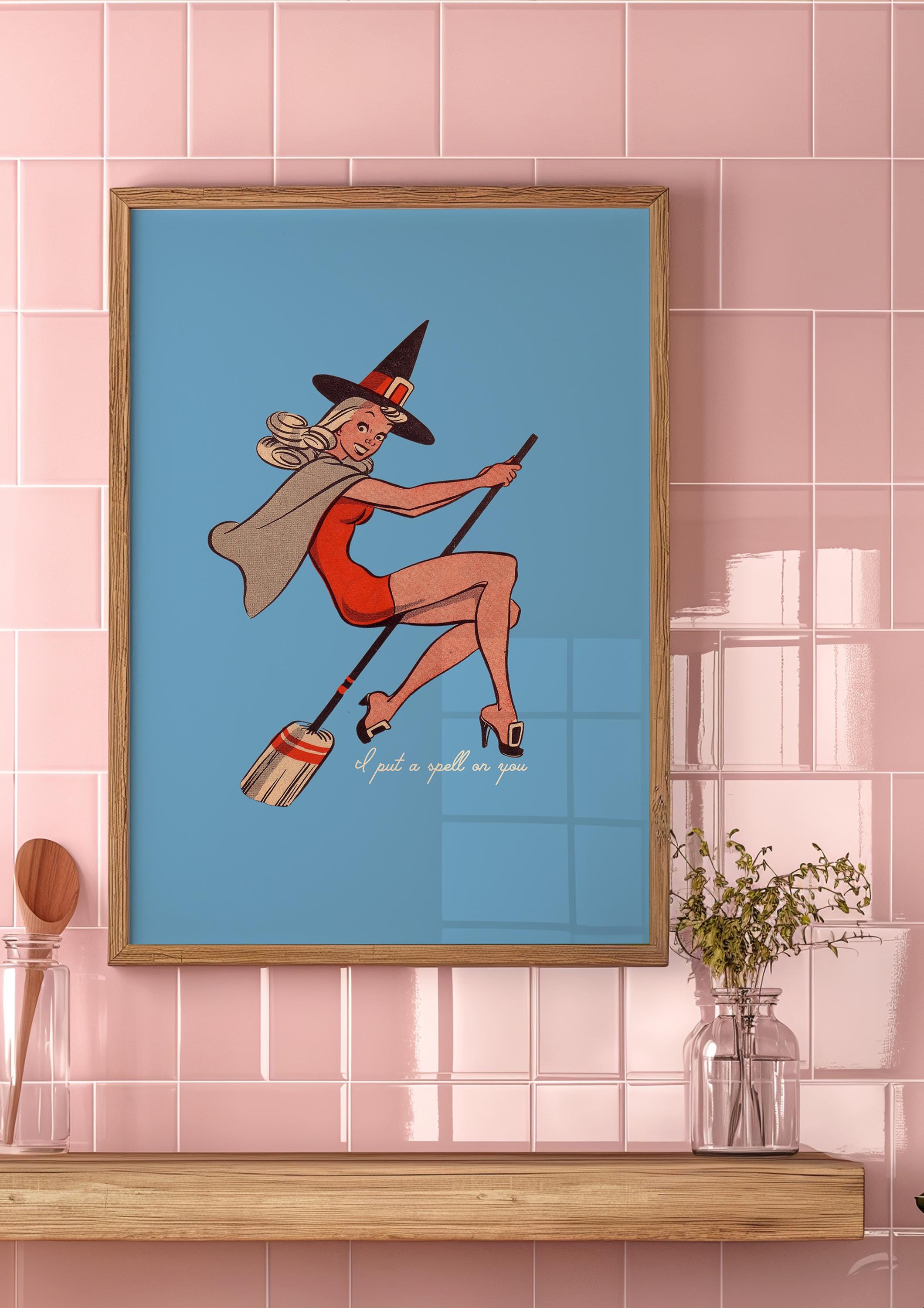 Retro Witch Wall Art, Vintage Halloween Poster, Witchy Home Decor, Girly Halloween, Cute Halloween Decor, Halloween Art Print