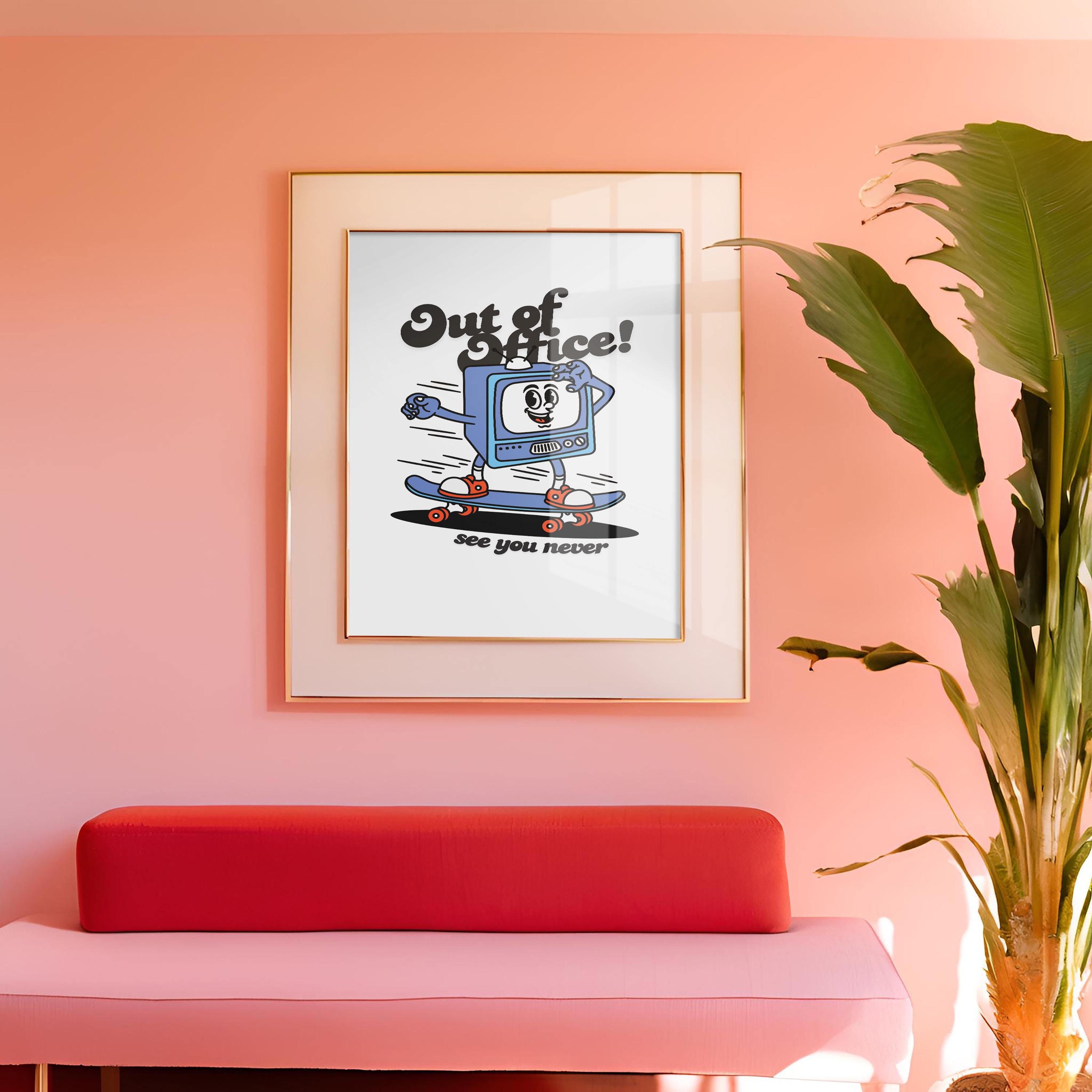 Digital Prints, Retro Art Decor, Cute Cartoon Art, TV Cartoon Art, Skateboarding Art Print, Out of Office Art, Out of Office Poster