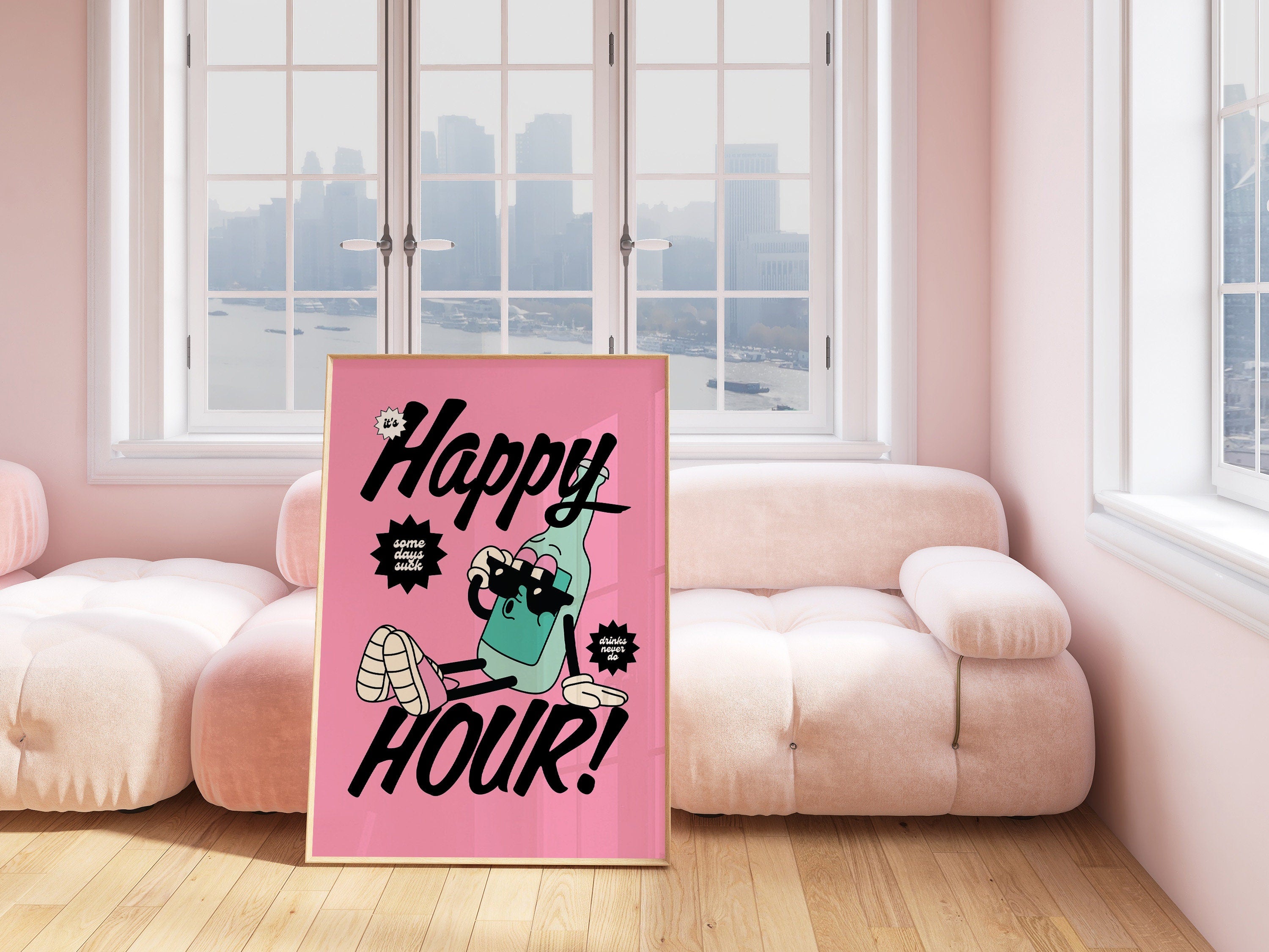 Happy Hour Art Print, Retro Wall Art, cartoon Retro Prints, Happy Hour Posters, Bar Cart Decor, Cocktail Art Prints, Funky Art