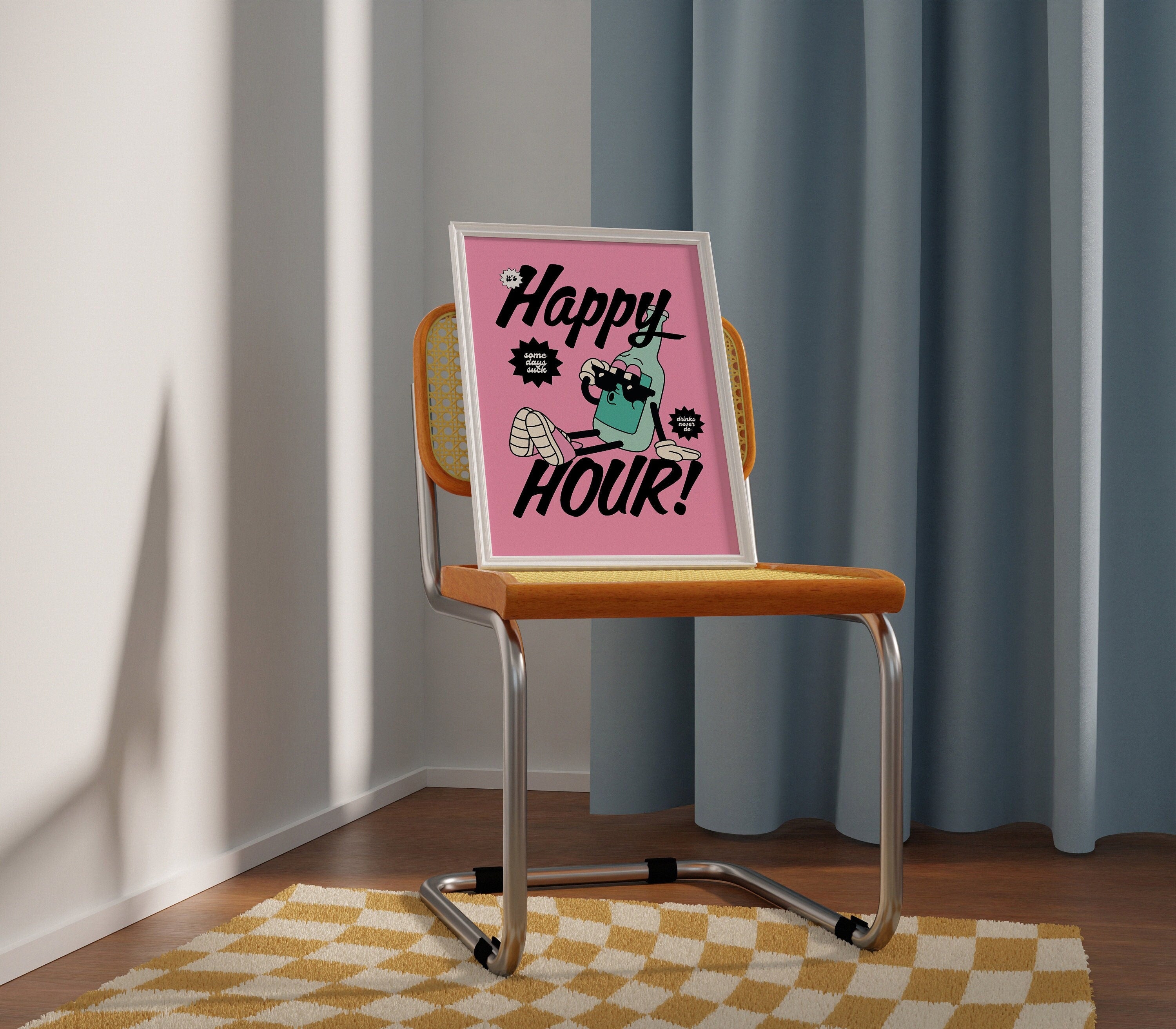 Happy Hour Art Print, Retro Wall Art, cartoon Retro Prints, Happy Hour Posters, Bar Cart Decor, Cocktail Art Prints, Funky Art