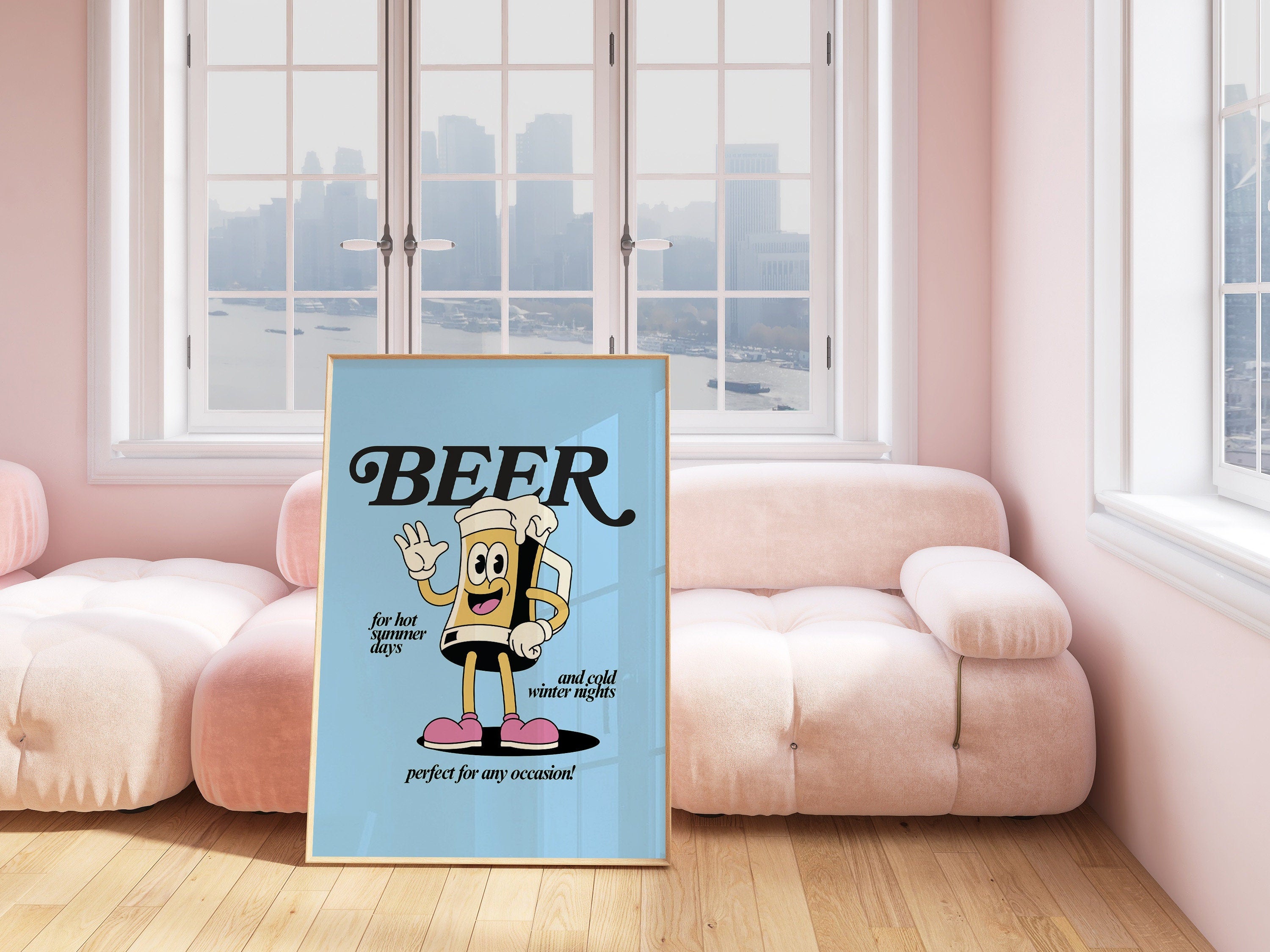 Beer Cartoon Art Print, Retro Wall Art, Cartoon Retro Prints, Happy Hour Posters, Bar Cart Decor, Cocktail Art Prints, Funky Art