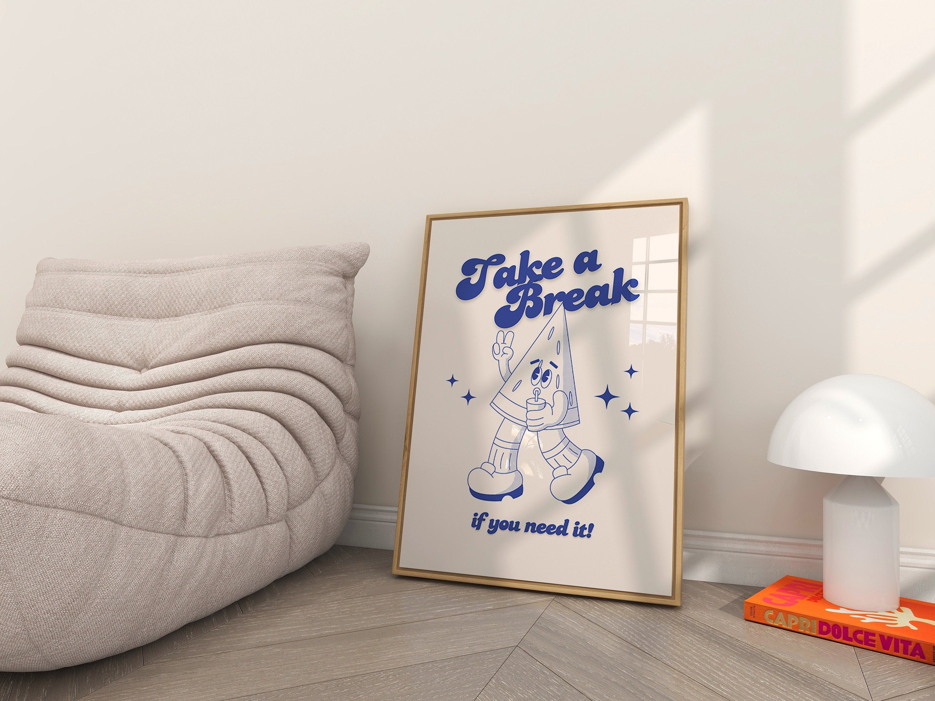 Take a Break Print, Retro Watermelon, Blue Wall Print, Cute Kids Wall Art, Retro Cartoon Poster, Retro Quote Print, Cartoon Prints, Kid Art