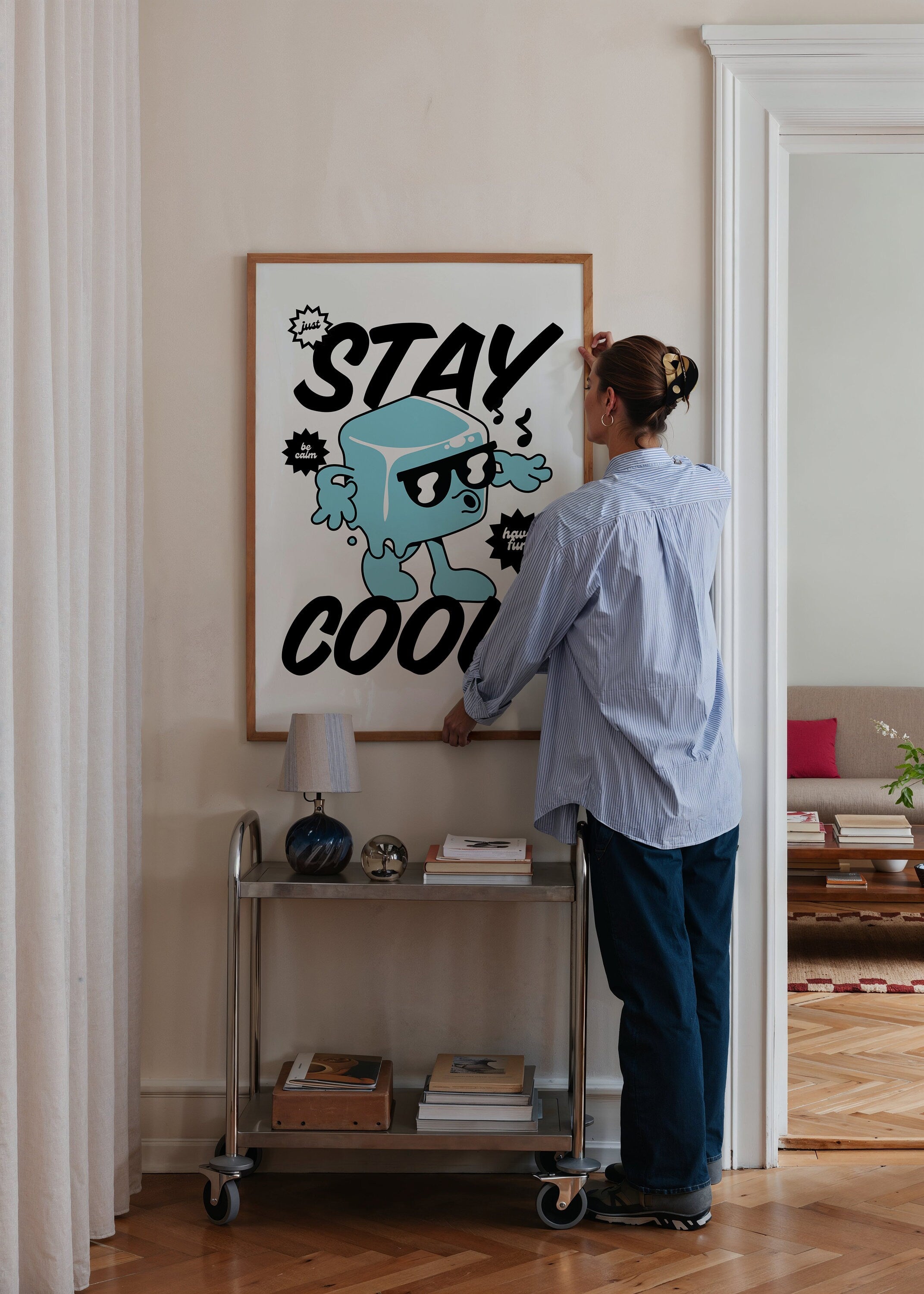 Stay Cool Art, Classroom Art, Cute Retro Print, Ice Cube Cartoon, Retro Mascot Print, Funky Groovy Minimal Retro Poster