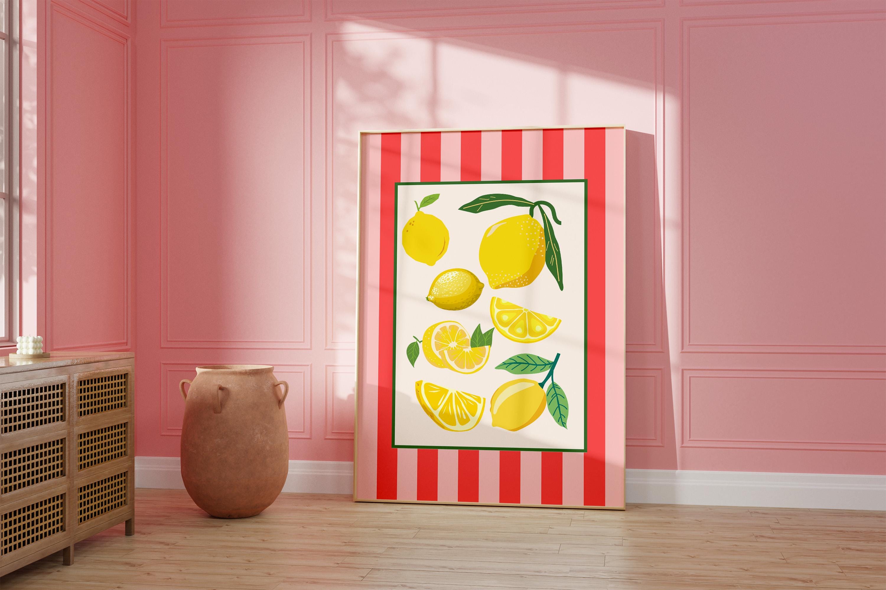 Pink Lemon Wall Art, Citrus Wall Art, Fruit Print, Food Art, Dining Room, Kitchen, Striped art print, pink and red art, lemon art prints