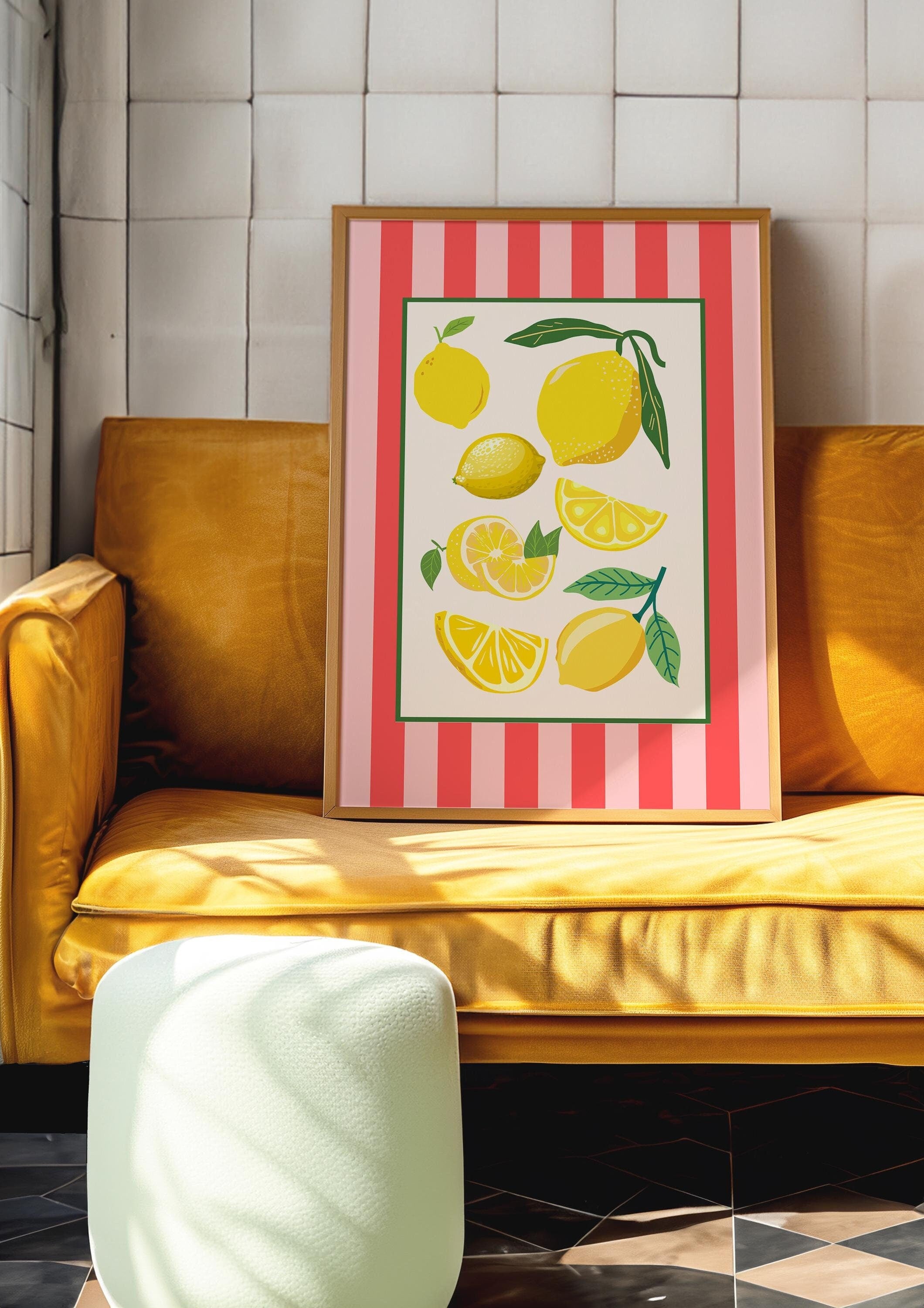 Pink Lemon Wall Art, Citrus Wall Art, Fruit Print, Food Art, Dining Room, Kitchen, Striped art print, pink and red art, lemon art prints