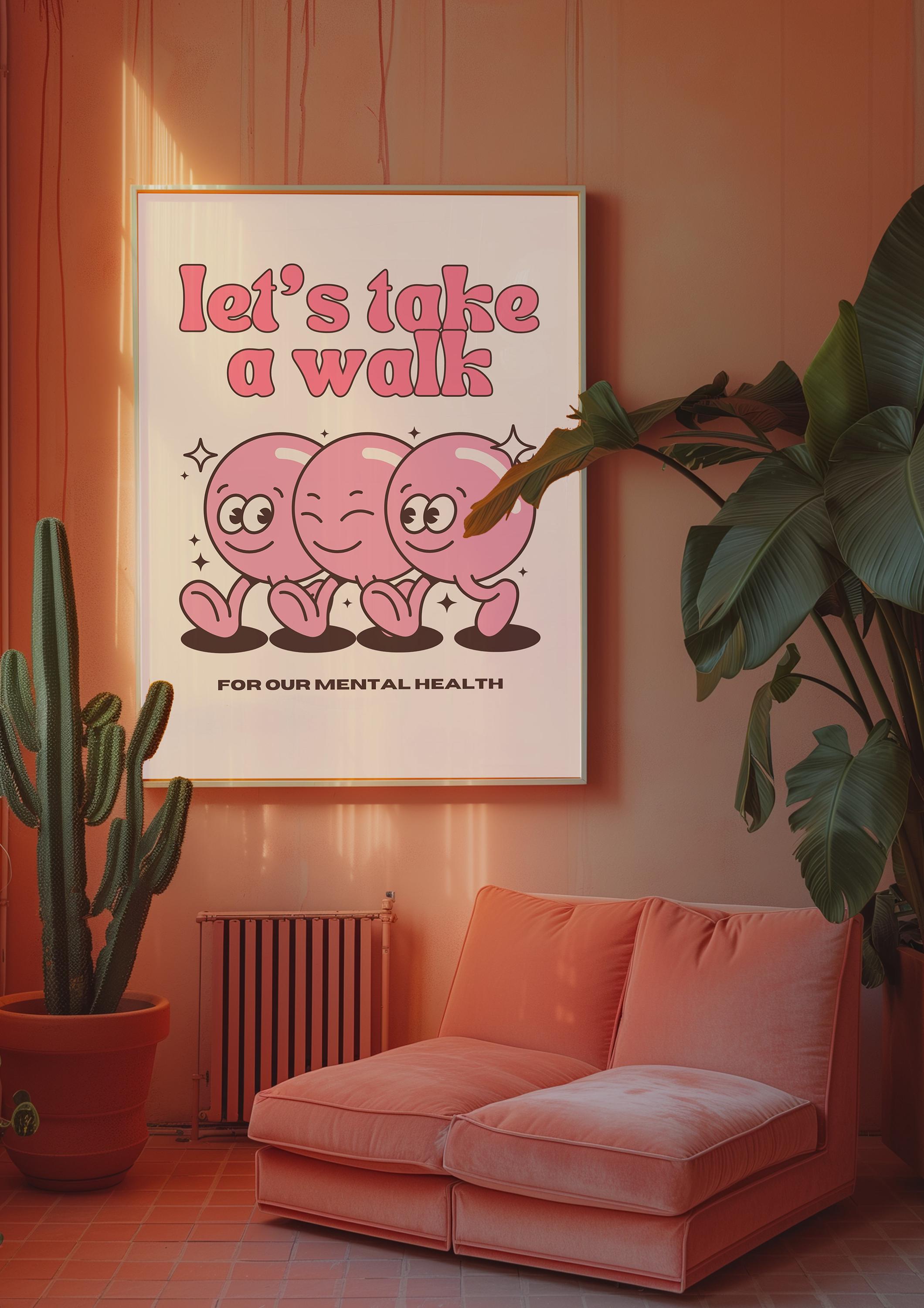 Take a Walk- Digital Download - Wall Print - Retro -Friends - Large Girly Print Art - Trendy Art -70s Art Print - cartoon - Pink Print