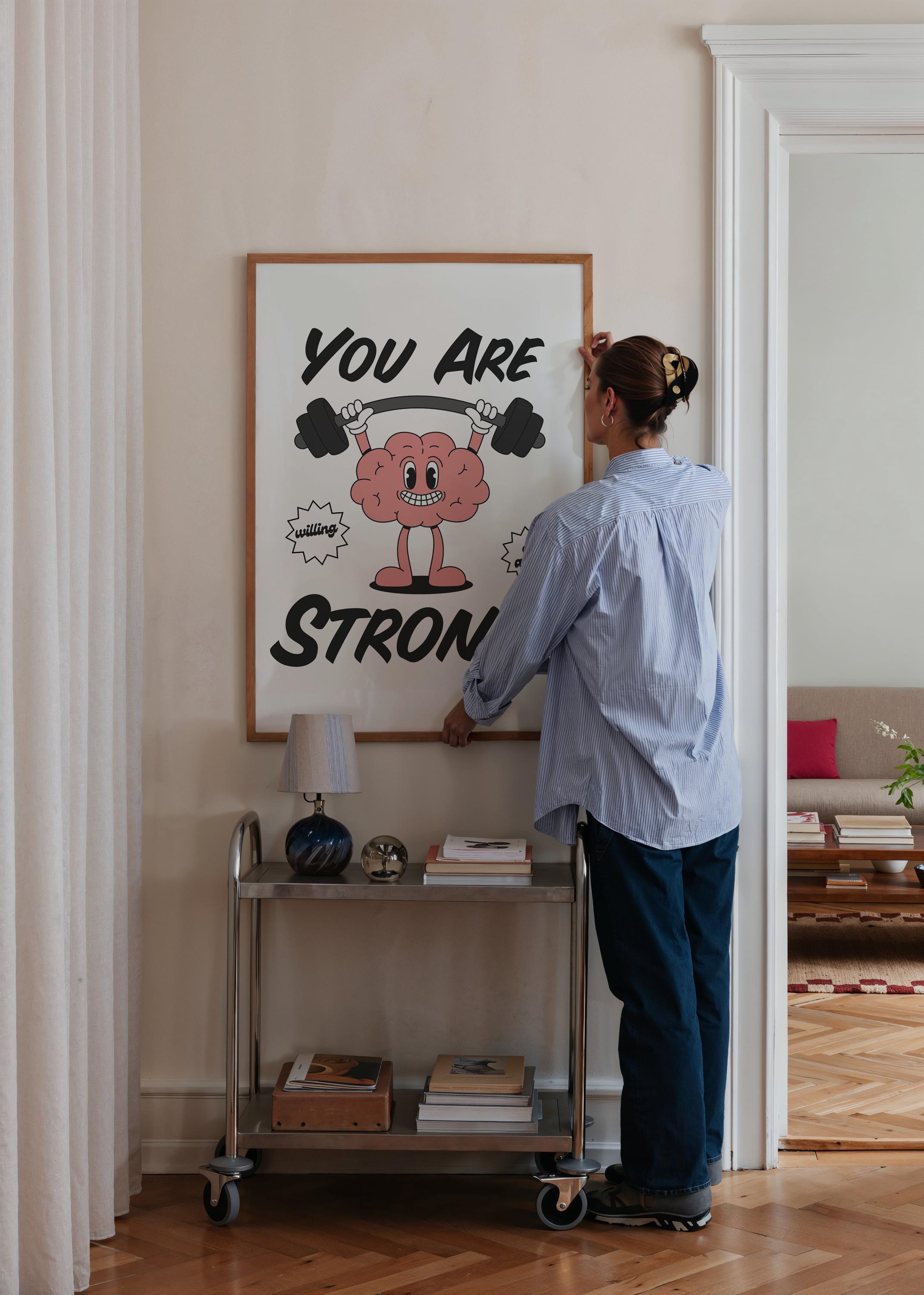 You Are Strong Poster, Classroom Art, Cute Retro Print, Brain Cartoon, Retro Mascot Print, Funky Groovy Minimal Retro Poster