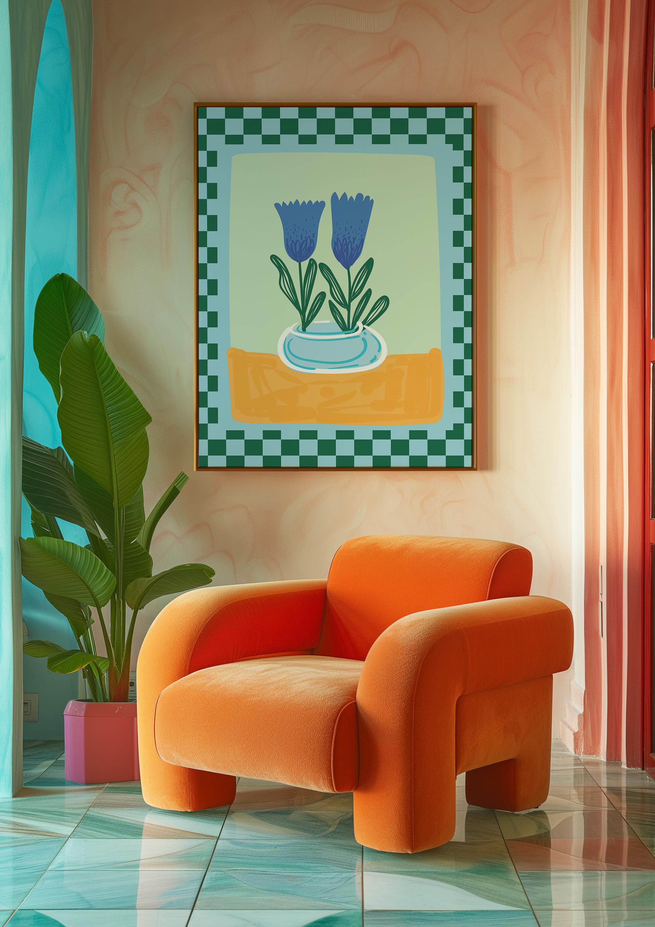 Teal Checker Floral Digital Art Print