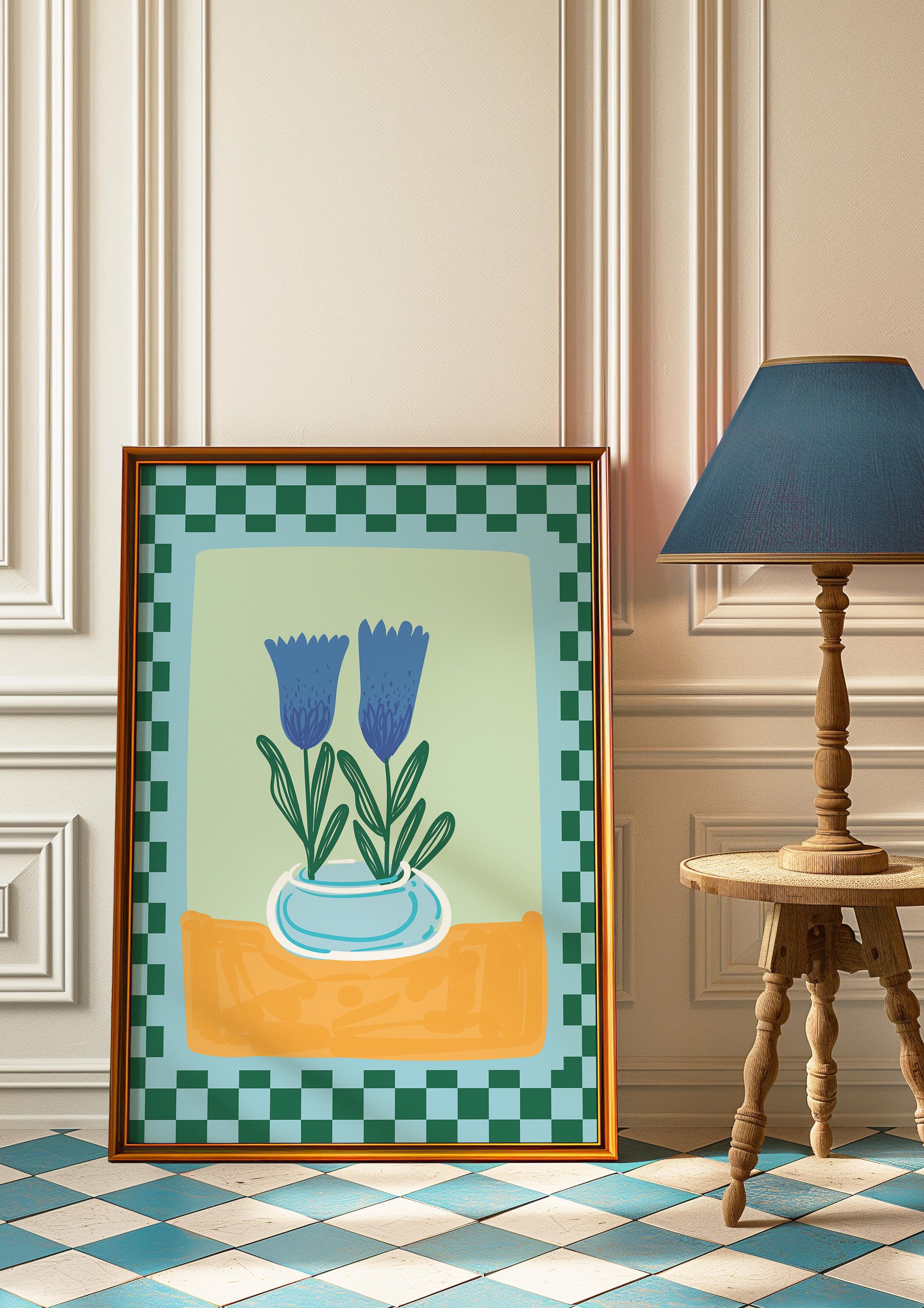 Teal Checker Floral Digital Art Print