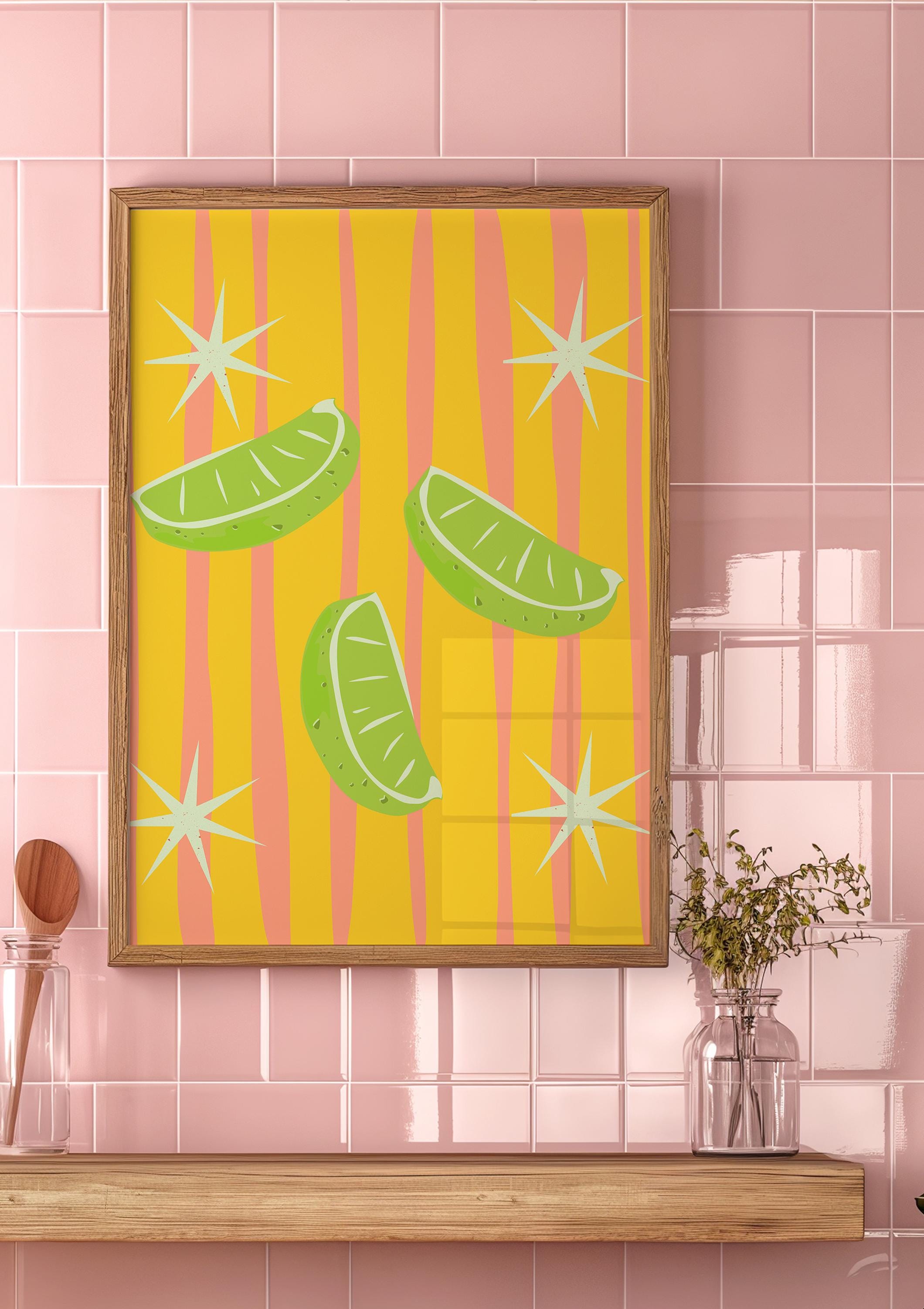 Orange Limes Wall Art, Citrus Wall Art, Fruit Print, Food Art, Dining Room, Kitchen, Striped art print, pink kitchen art, Limes art prints