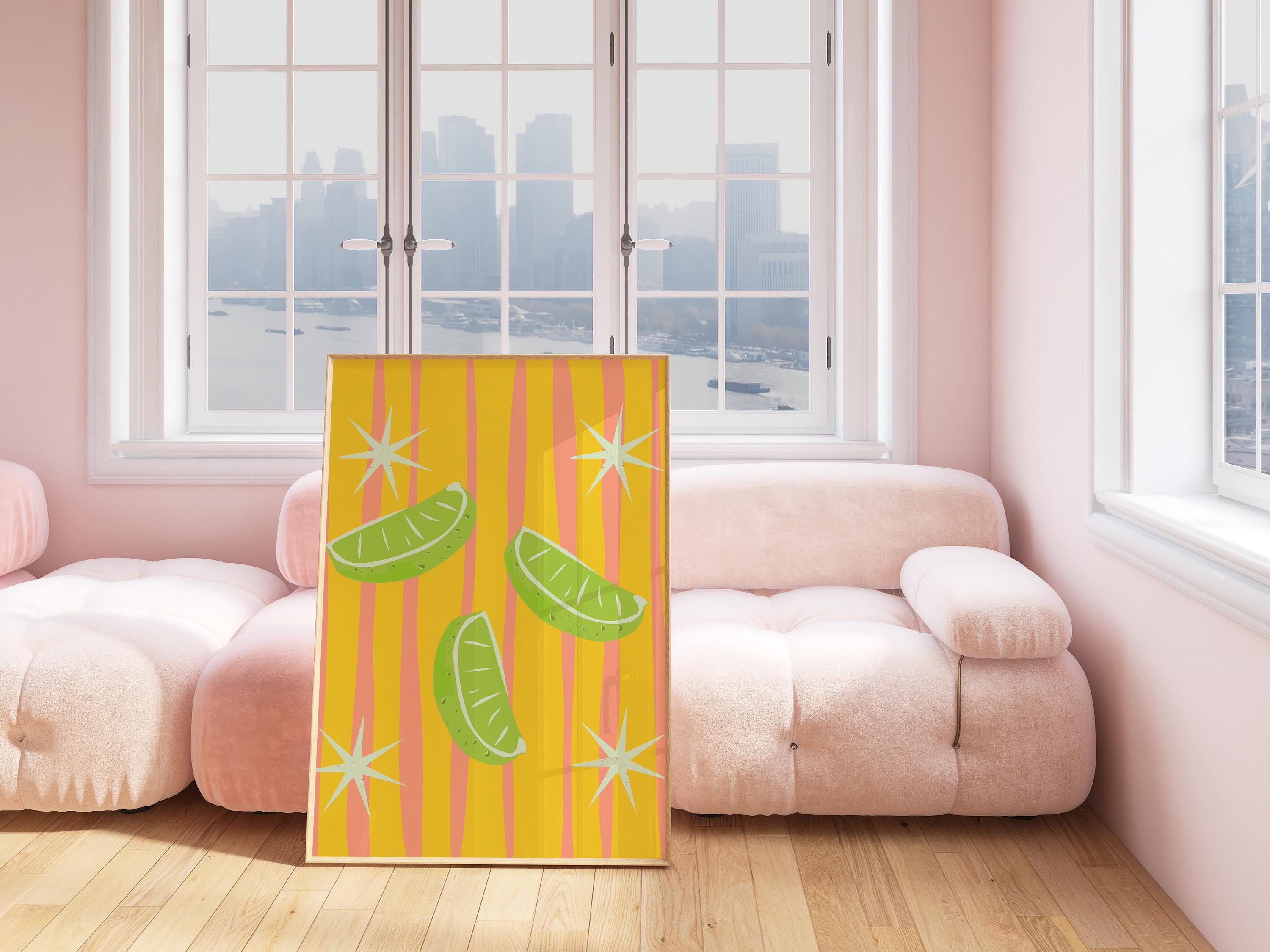 Orange Limes Wall Art, Citrus Wall Art, Fruit Print, Food Art, Dining Room, Kitchen, Striped art print, pink kitchen art, Limes art prints