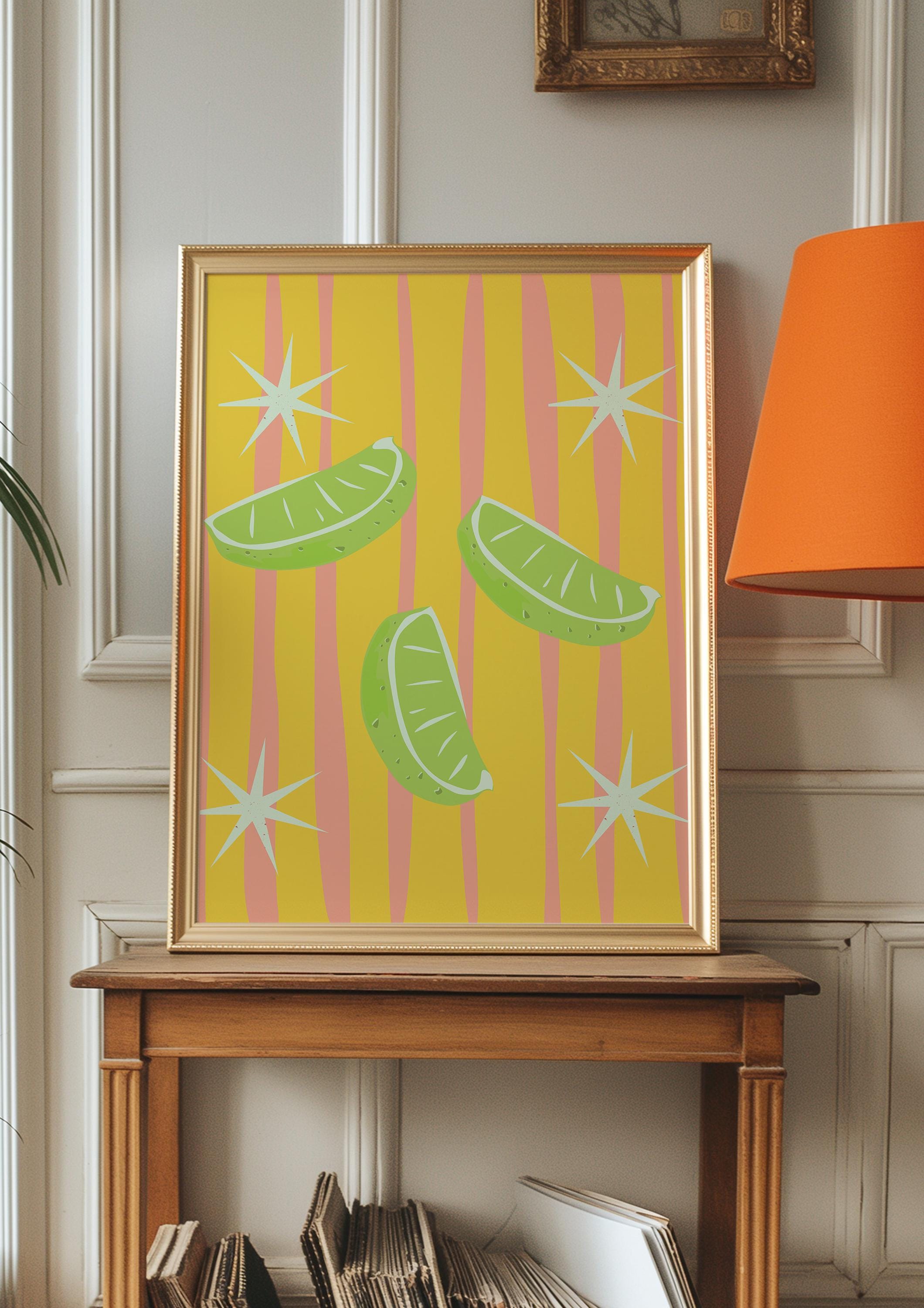 Orange Limes Wall Art, Citrus Wall Art, Fruit Print, Food Art, Dining Room, Kitchen, Striped art print, pink kitchen art, Limes art prints