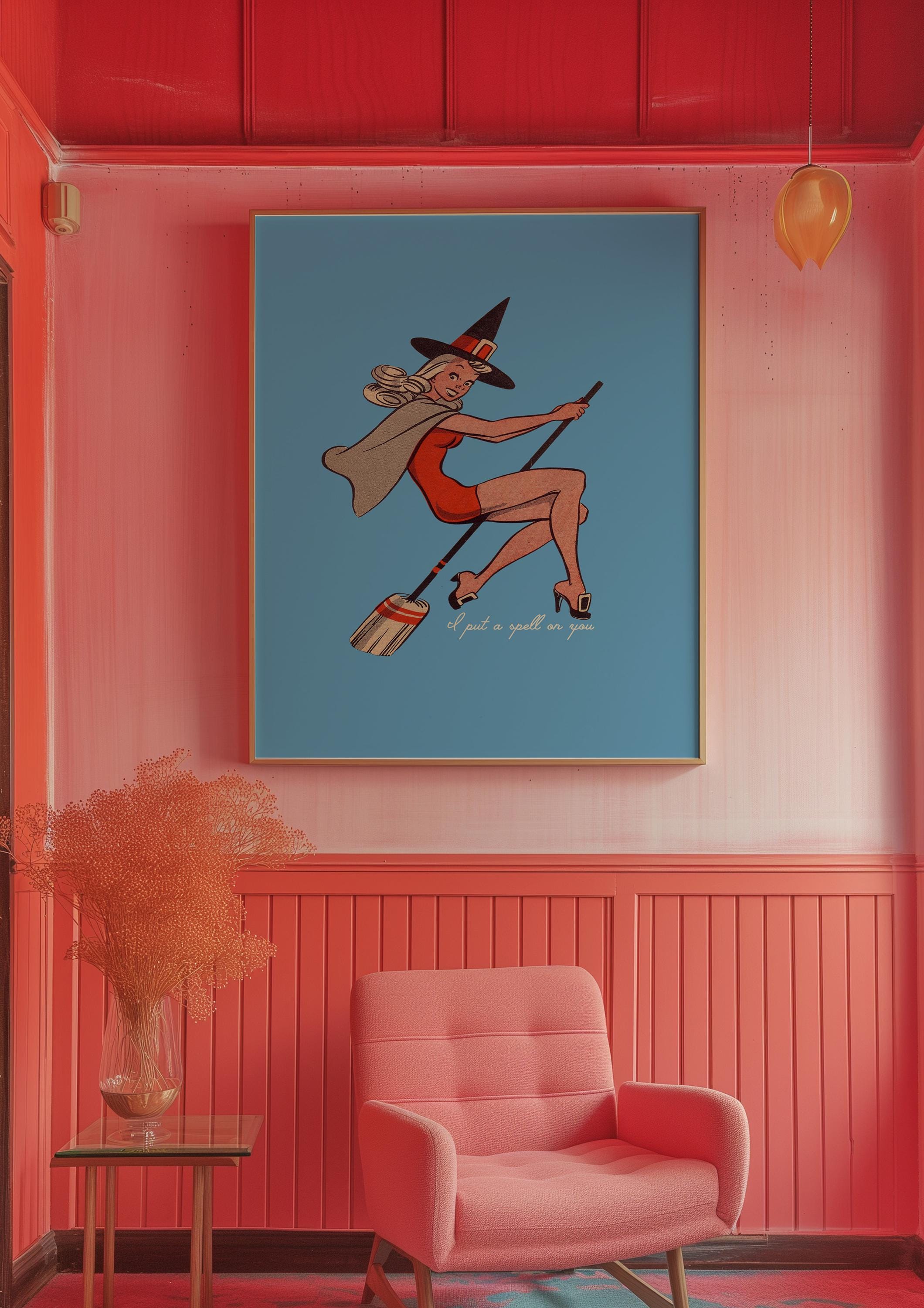 Retro Witch Wall Art, Vintage Halloween Poster, Witchy Home Decor, Girly Halloween, Cute Halloween Decor, Halloween Art Print