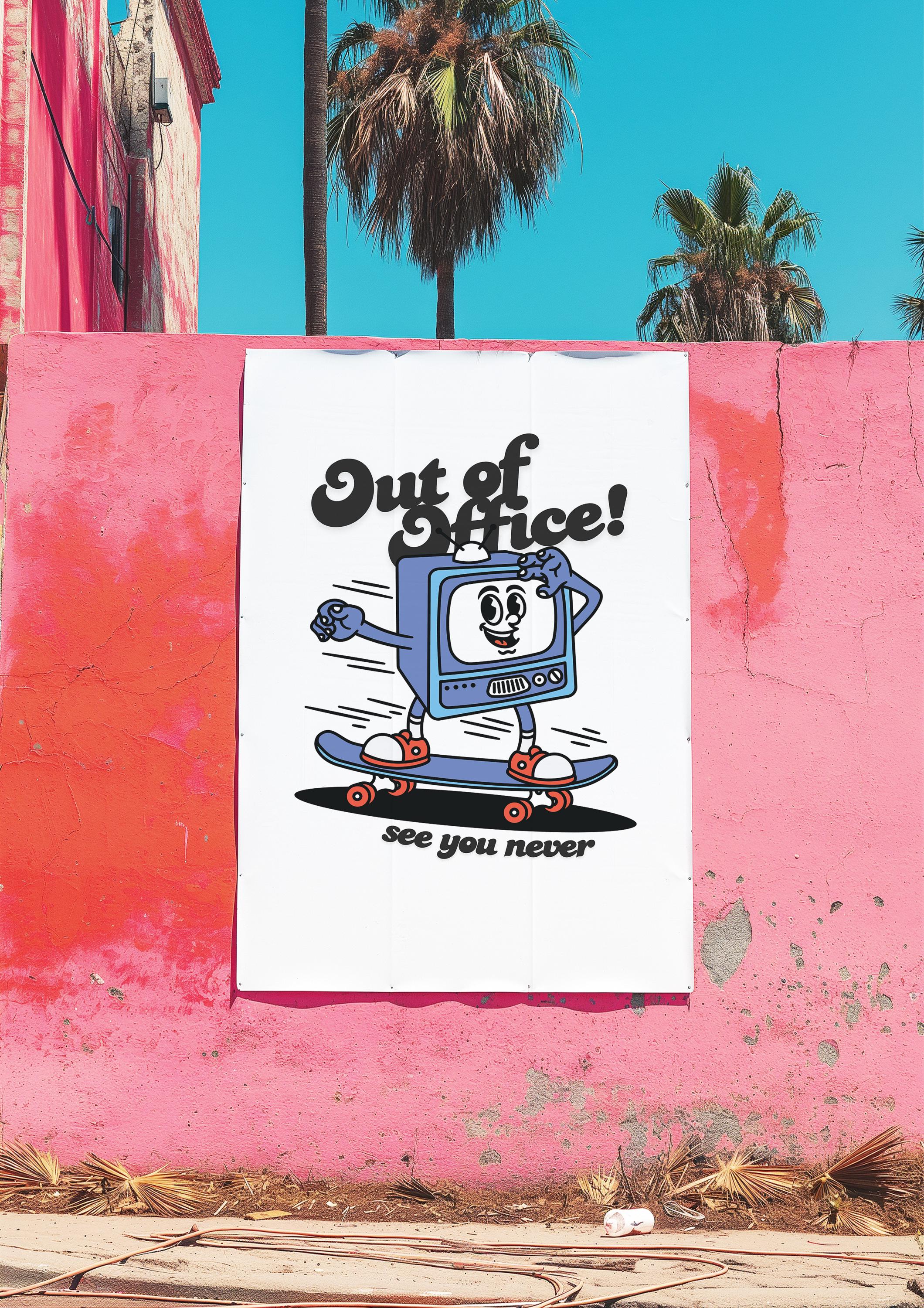 Digital Prints, Retro Art Decor, Cute Cartoon Art, TV Cartoon Art, Skateboarding Art Print, Out of Office Art, Out of Office Poster