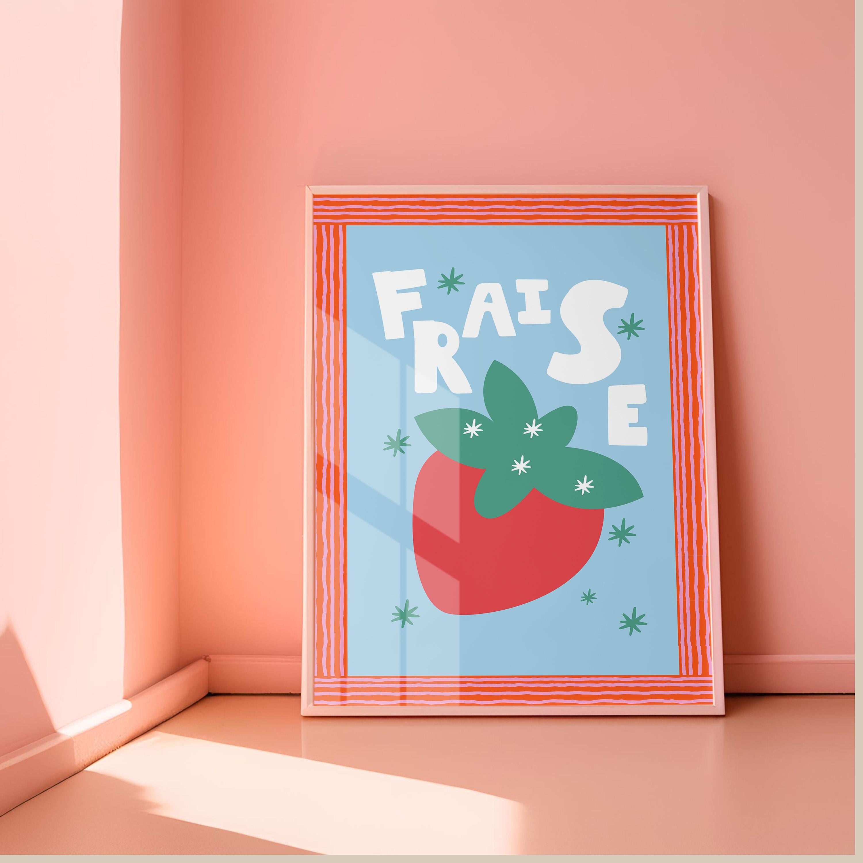 Strawberry Poster, Blue Art Print, Kitchen Art, French Fruit Prints, Trendy Fruit Art, Fruit Market Art, French Art Print, GS Print Shoppe