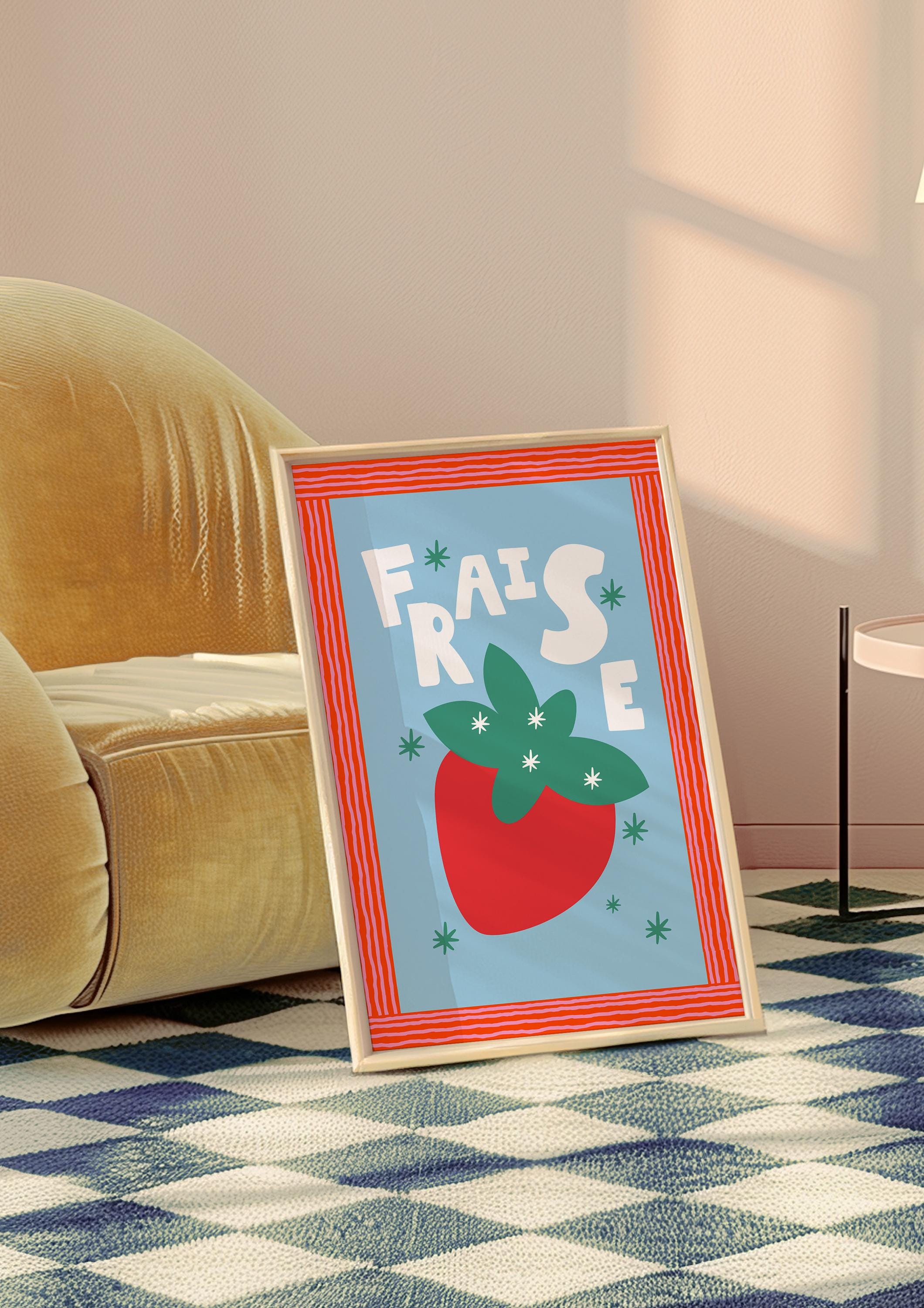 Strawberry Poster, Blue Art Print, Kitchen Art, French Fruit Prints, Trendy Fruit Art, Fruit Market Art, French Art Print, GS Print Shoppe