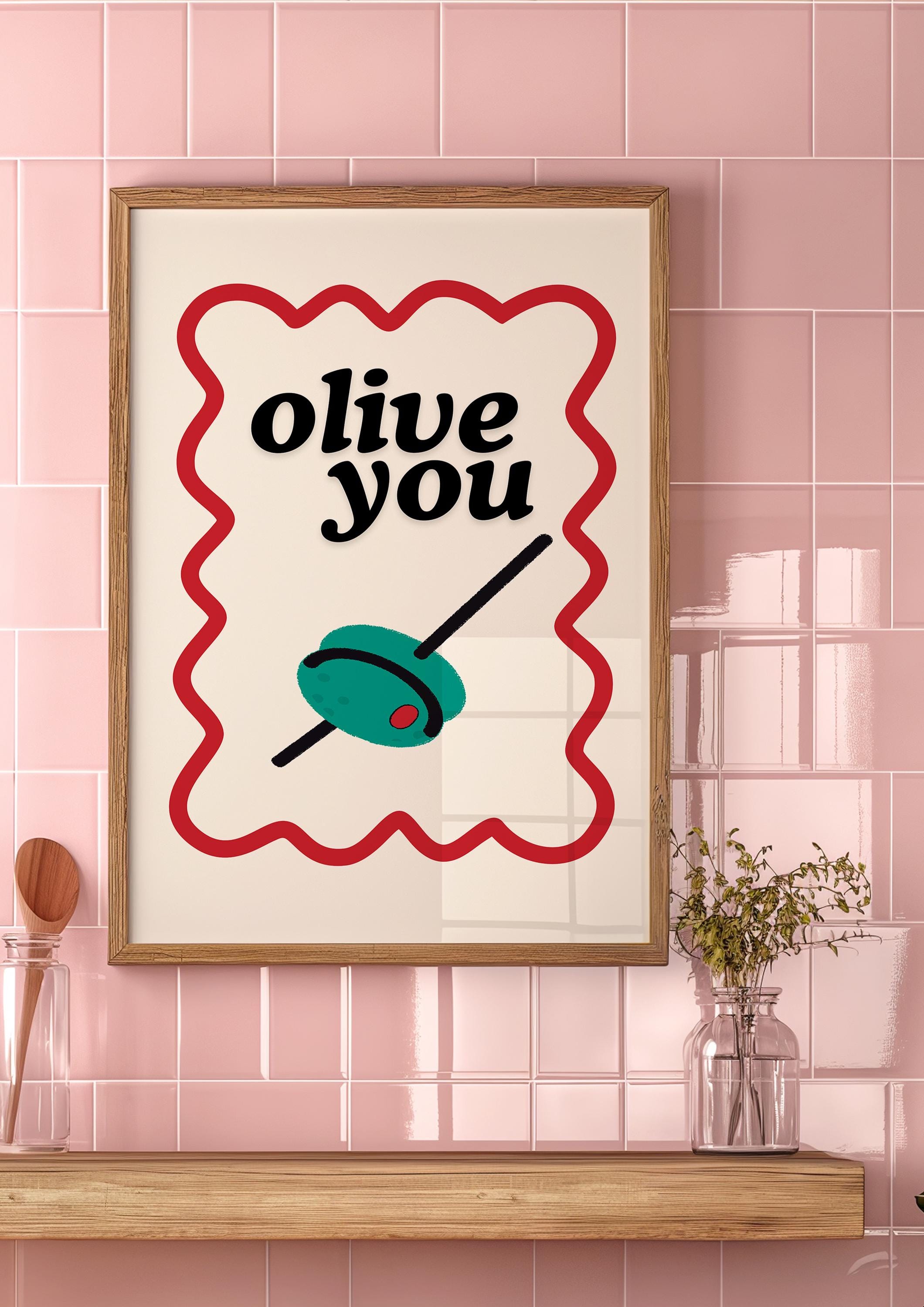 Olive You Wall Art, Olive Print, Maximalist Kitchen, I Love You Art Print, Food Art Kitchen Decor, Pop Art Food Print, Cute Olive Print