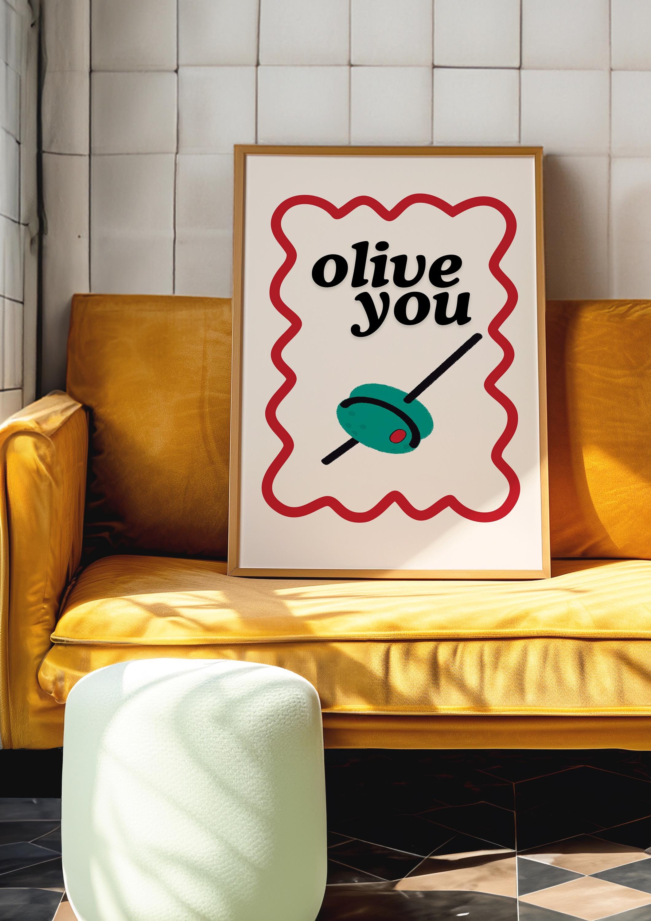 Olive You Wall Art, Olive Print, Maximalist Kitchen, I Love You Art Print, Food Art Kitchen Decor, Pop Art Food Print, Cute Olive Print