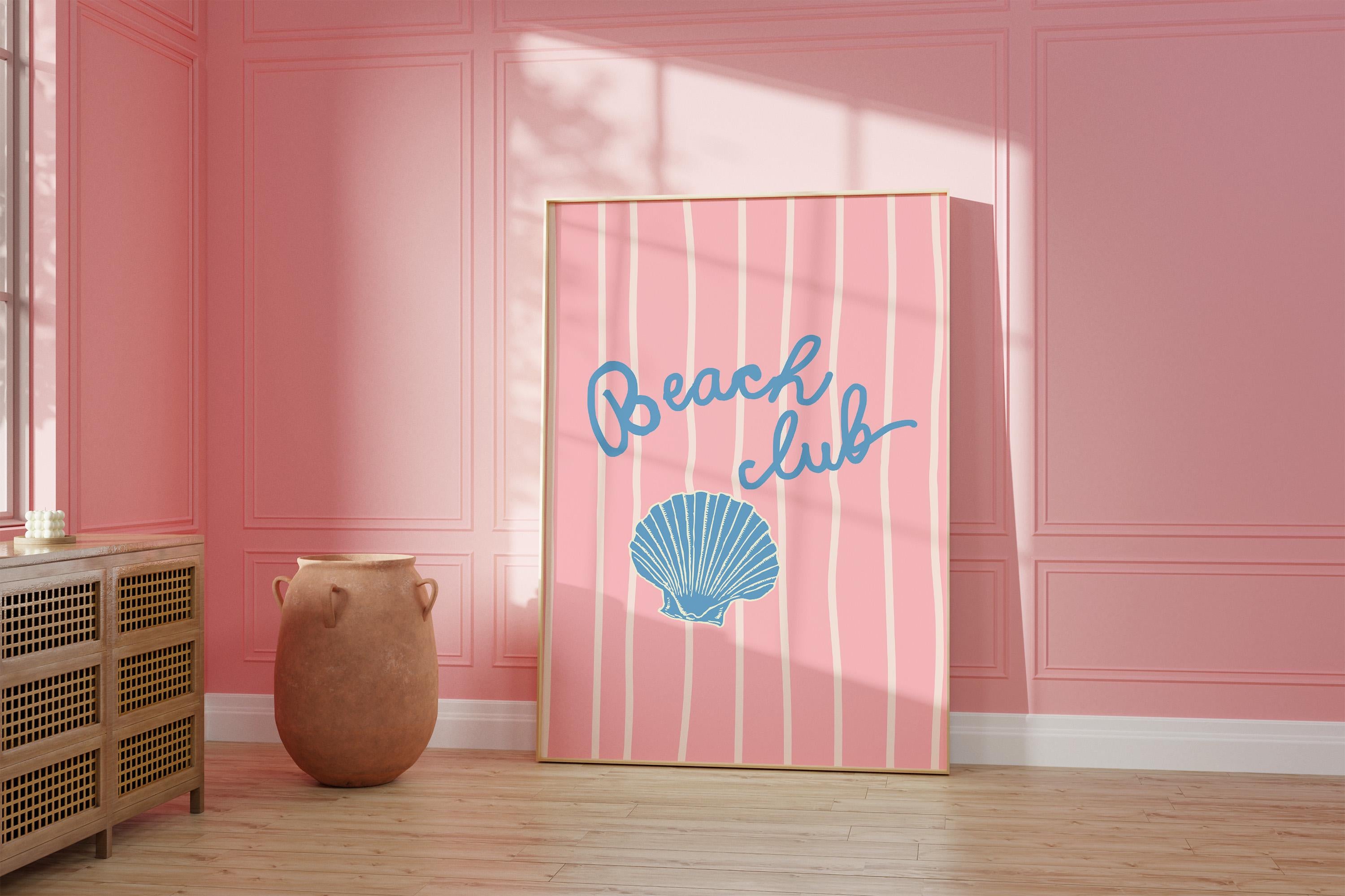 Beach Club Poster, Pink Poster, Stripes Illustration, Sun Sunshine Poster, Chic Summer Poster, Beach Club Art Print, Cute Pink Beach Print