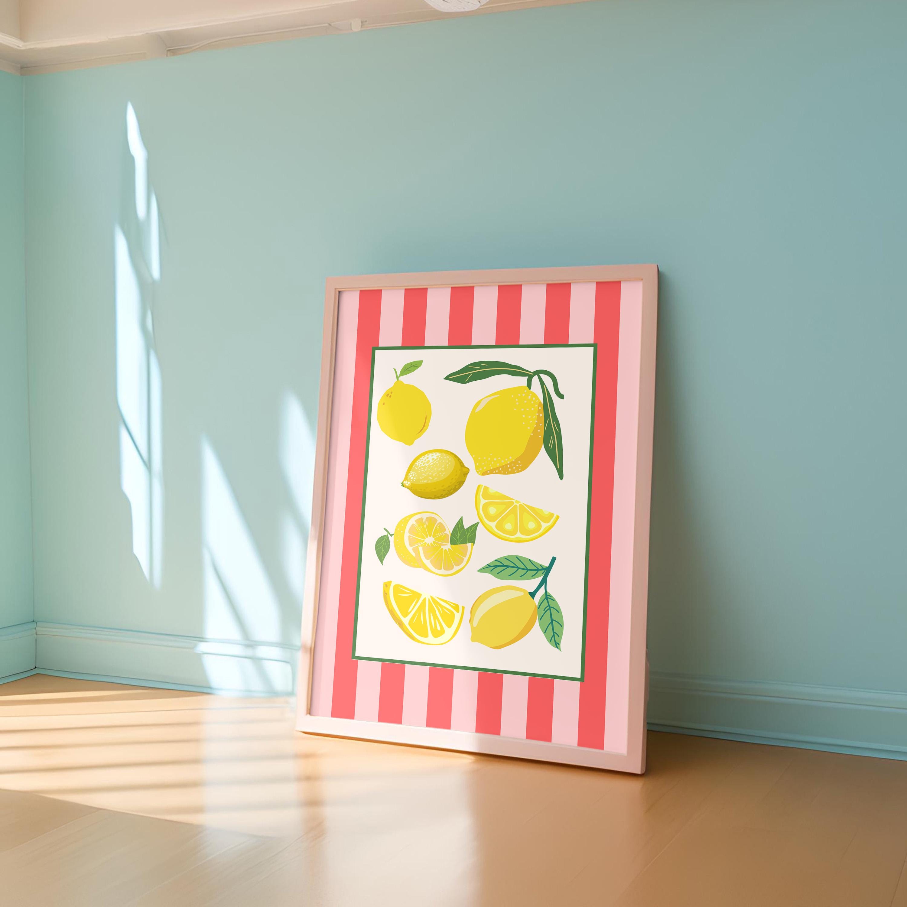 Pink Lemon Wall Art, Citrus Wall Art, Fruit Print, Food Art, Dining Room, Kitchen, Striped art print, pink and red art, lemon art prints