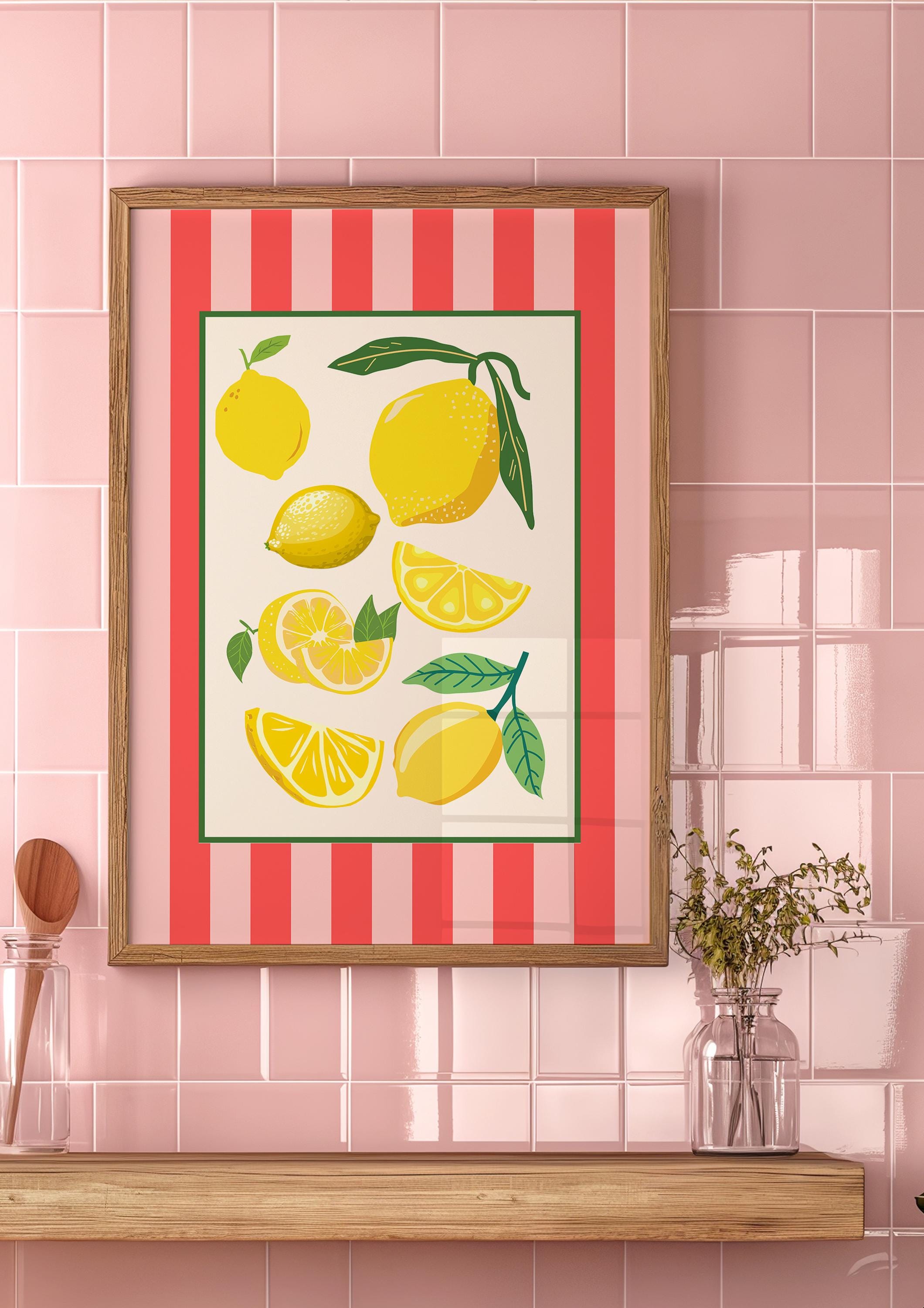 Pink Lemon Wall Art, Citrus Wall Art, Fruit Print, Food Art, Dining Room, Kitchen, Striped art print, pink and red art, lemon art prints